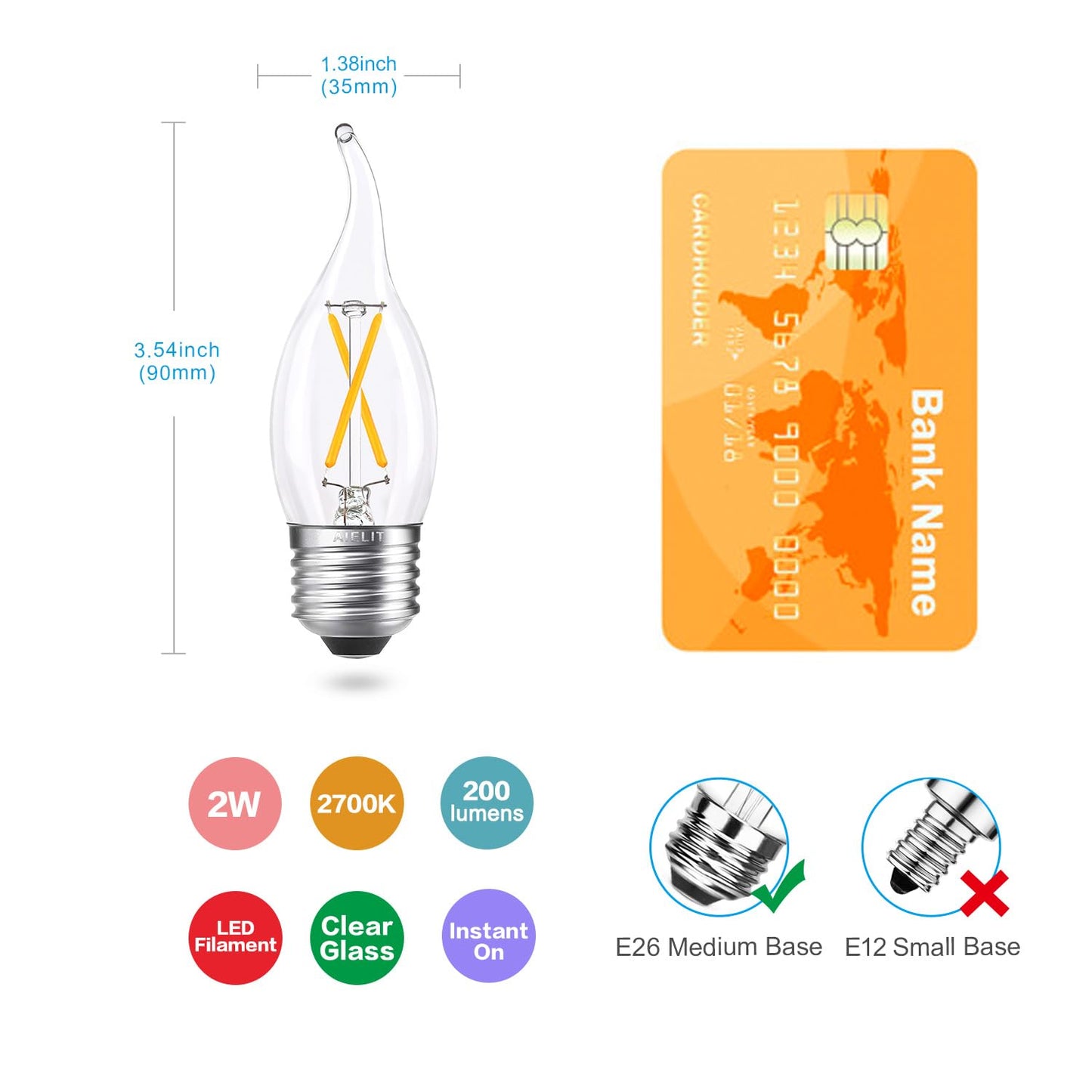 AIELIT Dimmable E26 LED Bulb 25W Equivalent, Candelabra Light Bulbs, Energy Efficient 2W, Warm White 2700K, 200lm Flame Tip CA10 LED Light Bulb