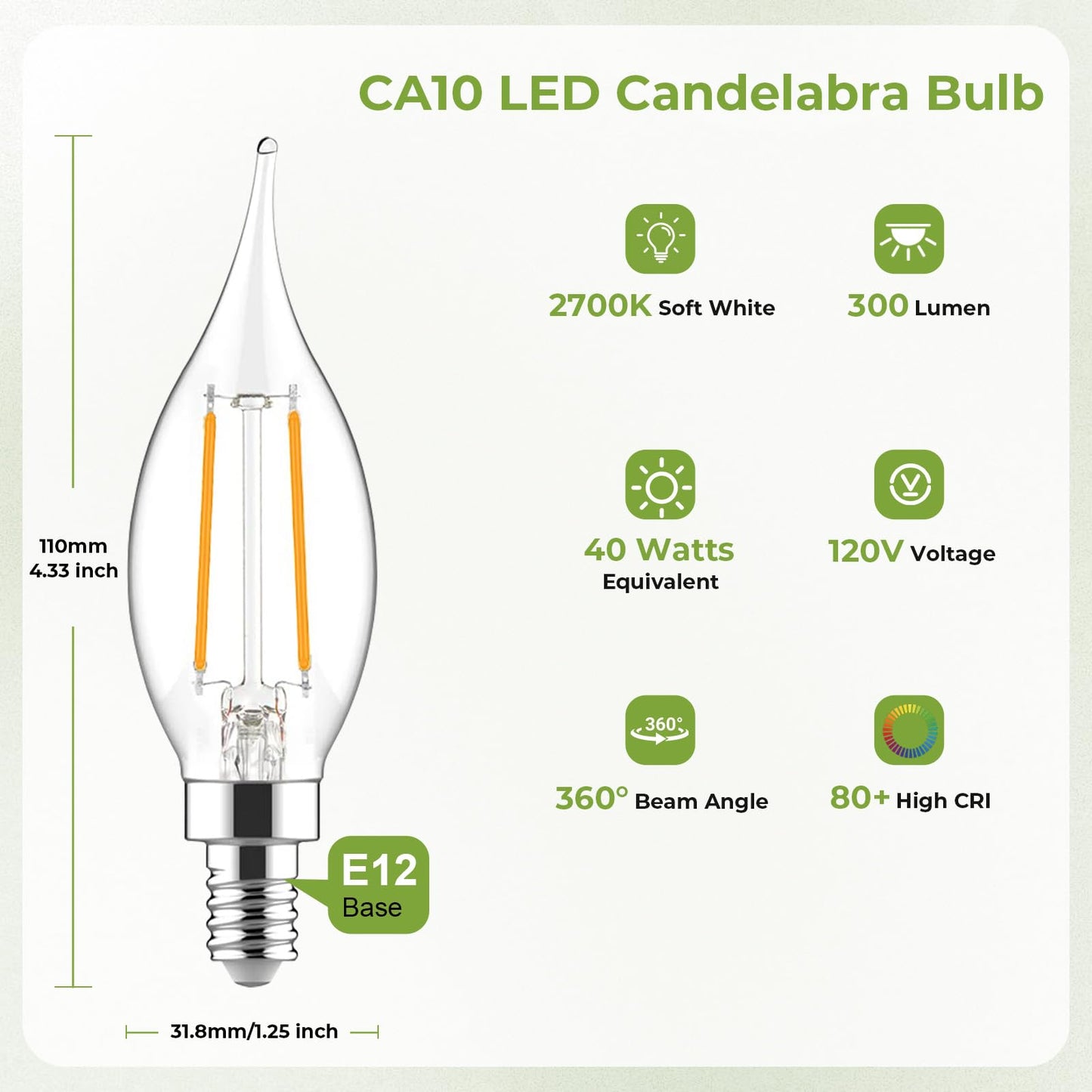 Sigalux E12 Candelabra Bulb 40 Watt Equivalent, LED Chandelier Light Bulbs Dimmable 2700K Soft White, CA10 Candle Shape E12 LED Bulb for Ceiling Fan