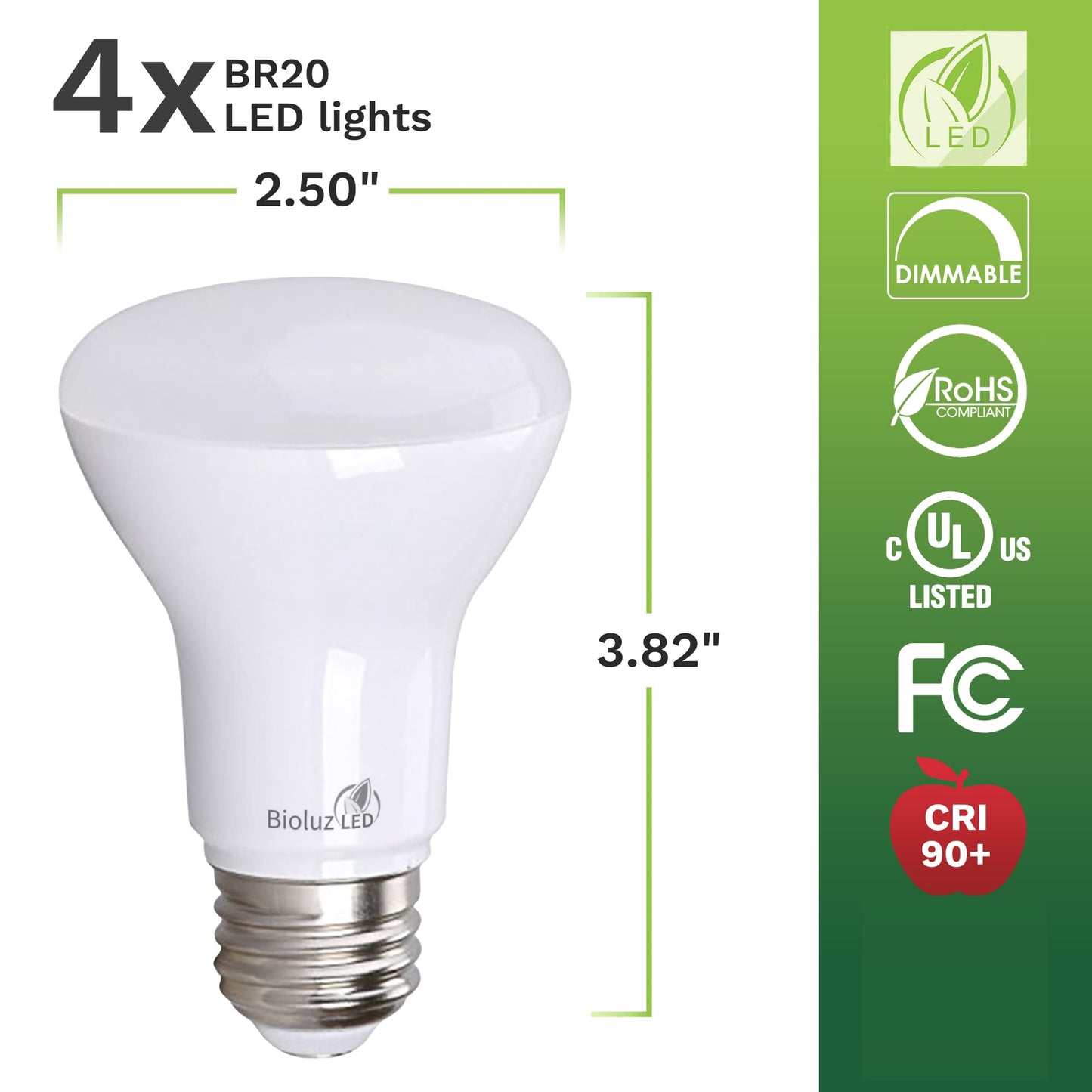 Bioluz LED 4 Pack BR20 LED Bulb 3000K Bright Soft White 6W=50W, 90 CRI, 540 Lumen, Dimmable LED Light Bulbs, Soft White Light Bulbs, Indoor/Outdoor