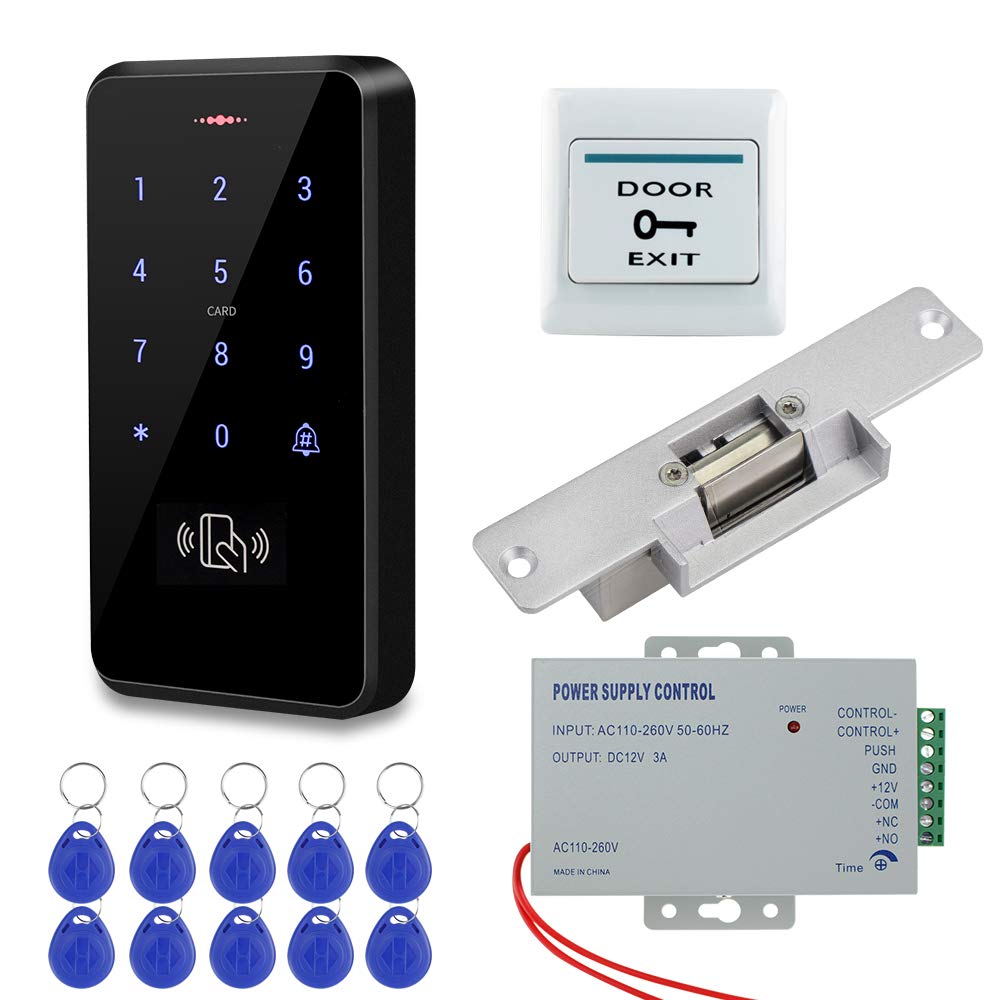 HFeng RFID Access Control System Kit Outdoor IP68 Waterproof Access Control Keypad + NC Fail Safe Electric Strike Locks + DC12V Power Supply + 10pcs
