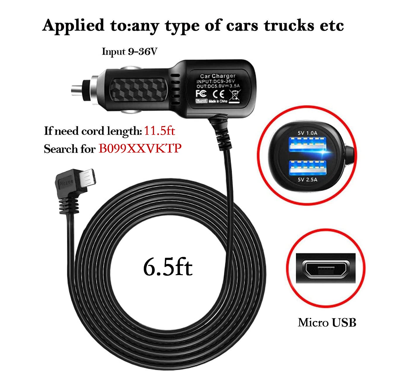 Dash Cam Charger 2025 Upgraded Micro USB Car Charger with Dual USB Port Compatible with APEMAN, Rexing, Byakov, AKASO, Crosstour, Trekpow, Pruveeo