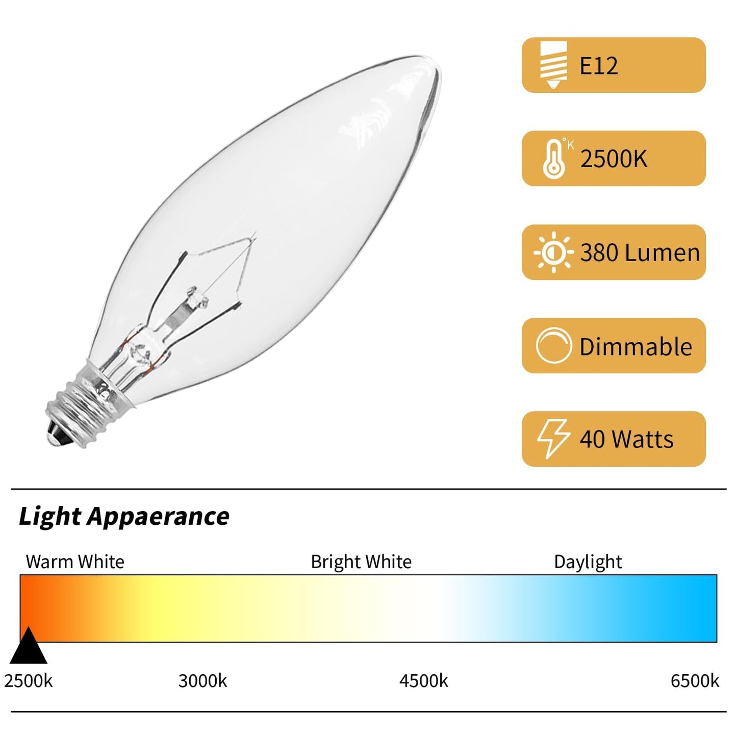 CYLYT 12-Pack E12 Candelabra Light Bulbs 40W Warm White 2500K, 380 Lumen Chandelier Light Bulb for Ceiling Fan, Indoor or Outdoor, B10 Clear