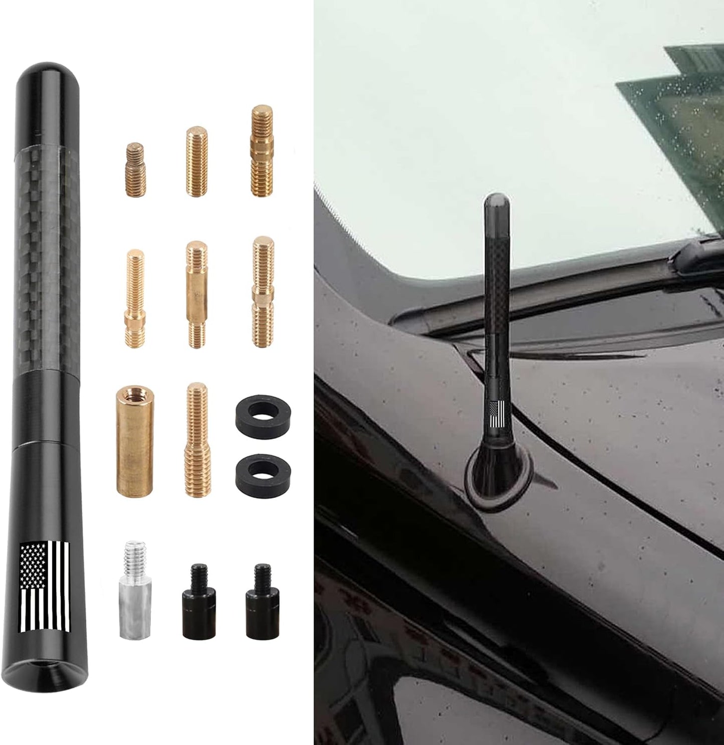 Couslcd Car Short Antenna, 4.7 Inch Carbon Fiber American Flag Aluminum Auto Radio Antenna for AM/FM Reception, Universal Replacement Car Antenna