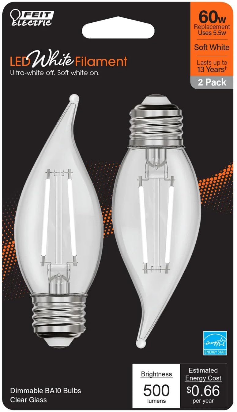 Feit LED Filament BA10 E26 (Medium) Filament LED Bulb Soft White 60 Watt Equivalence 2 pk