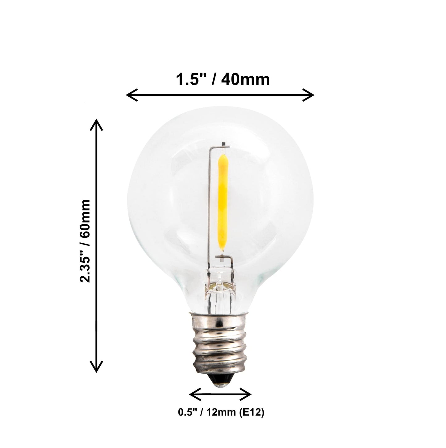 Creative Hobbies Clear LED Globe G40 Replacement Bulbs for Outdoor String Lights - 0.7W 120V Fit E12 Candelabra Screw Base Light Sockets, 1.5 Inch