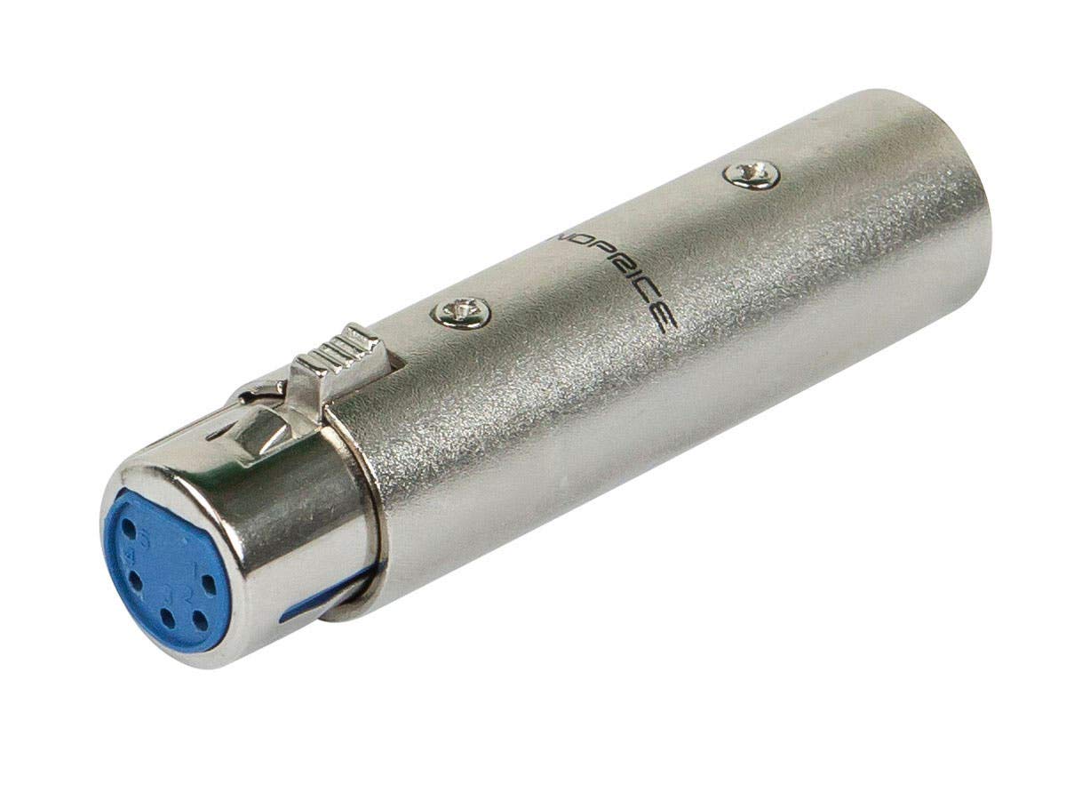 Monoprice 3-Pin Male to 5-Pin Female DMX Converter - Silver, Anodized Aluminum Adapter with Lock Release Button