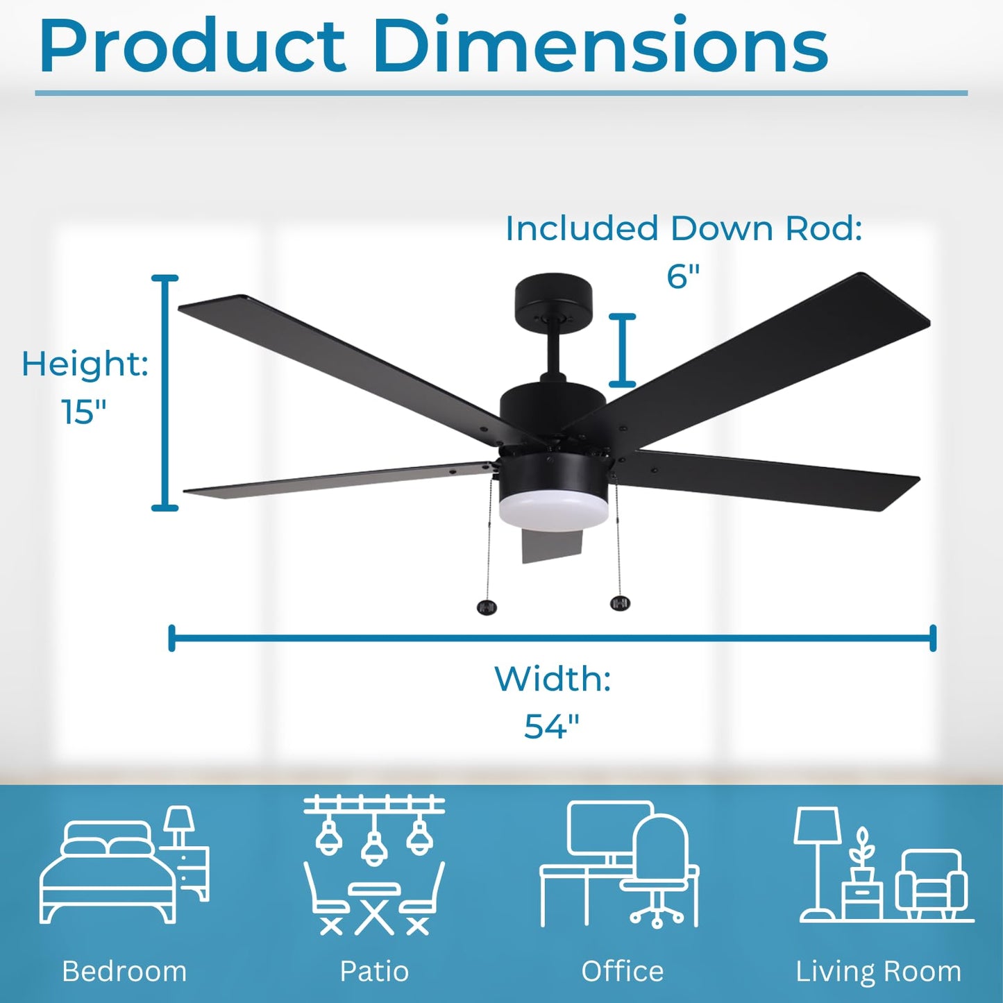 HOMEnhancements 54 Inch Ceiling Fan with LED Light Matte Black Indoor/Outdoor Ceiling Fan with Pull Chain Dimmable 3-Color Temperature 3000K 4000K