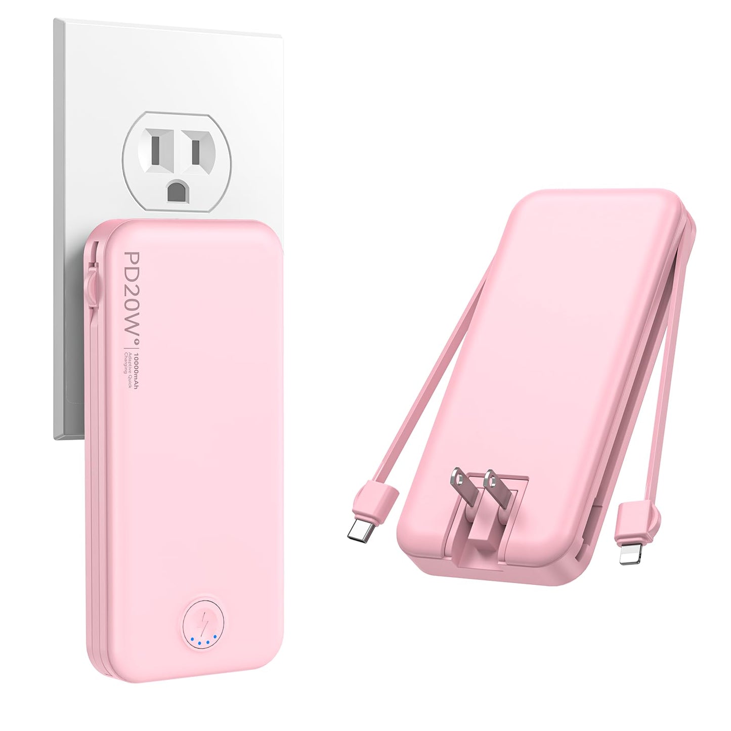 Nusyddy Portable Charger, 10000mAh PD20W Fast Charging Power Bank with Built-in Cables & Wall Plug, Travel Essentials External Battery Pack, USB C