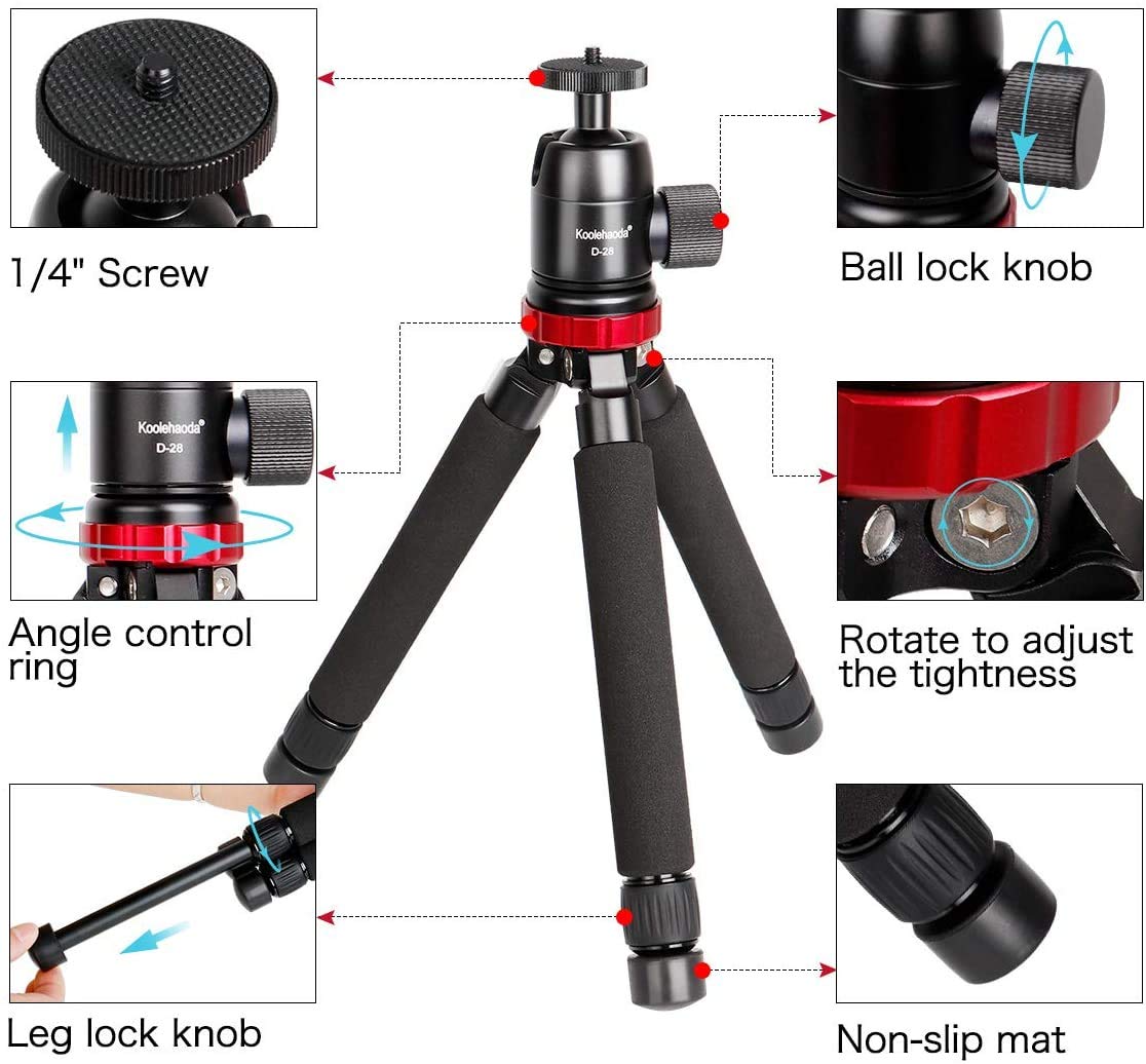 Koolehaoda Metal Mini Tripod with 360° Ball Head and 1/4" Screw Desktop Tabletop Stand Tripod for Cameras,Load up to 8kg - (MT-02+D28)