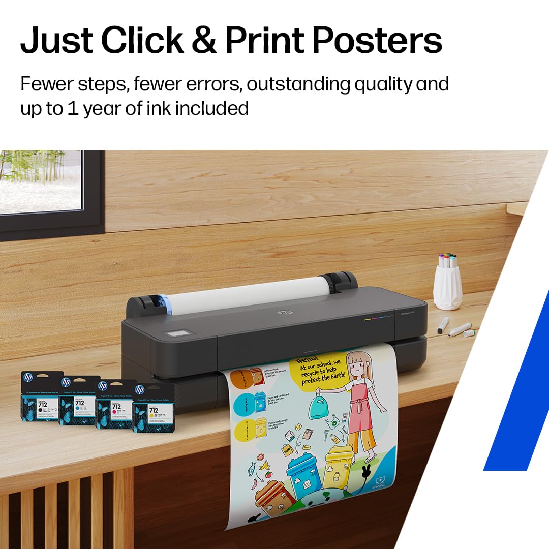 HP DesignJet T210 Large Format 24-inch Poster Printer, for Easy Poster & CAD Printing. Includes up to 1-Year of Ink (8AG32L) - New Model