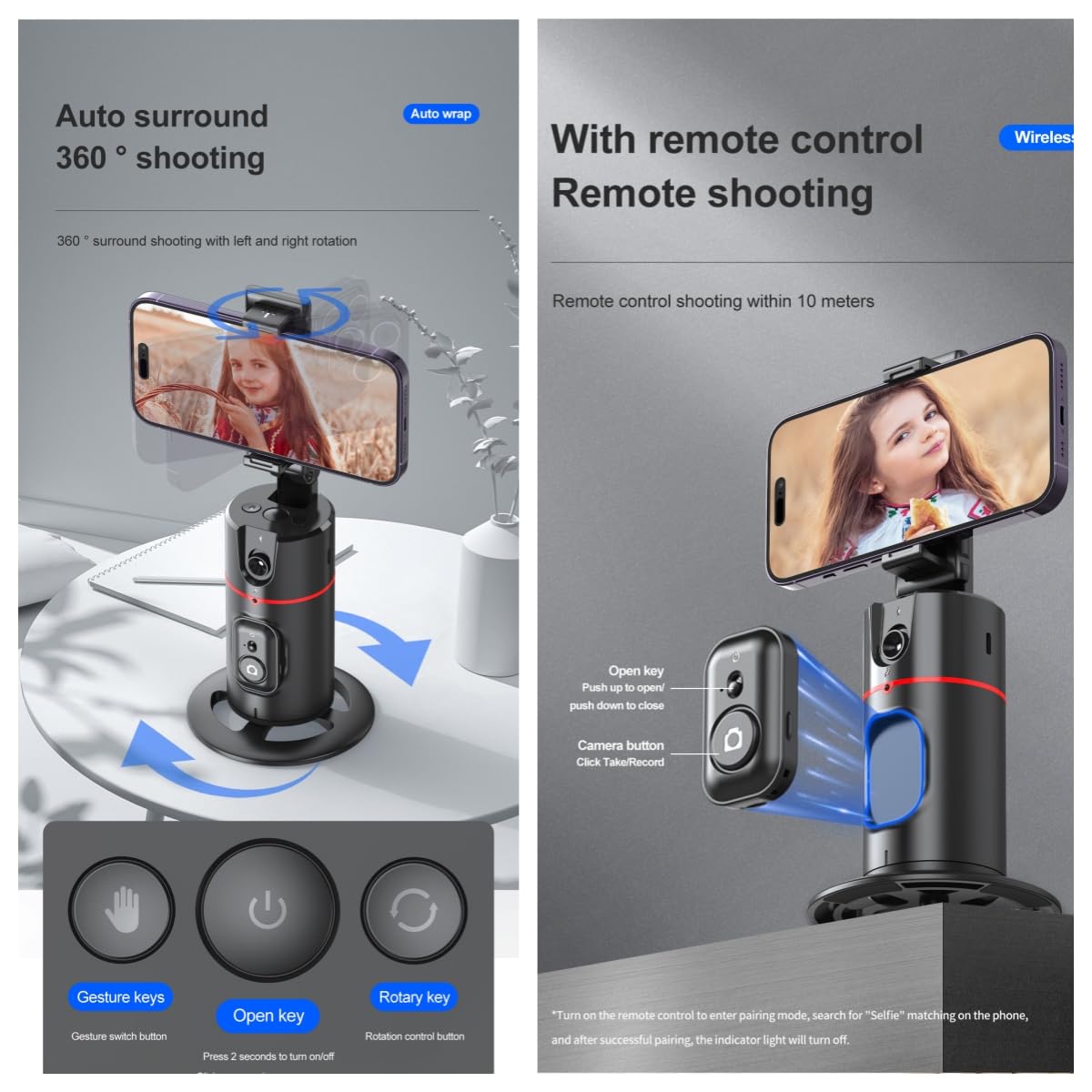 Auto Face Tracking Tripod Remote Control,Smart Tracking Phone Holder,360° Rotation Face Body Phone Camera Mount Gesture Control with Tripod Stand