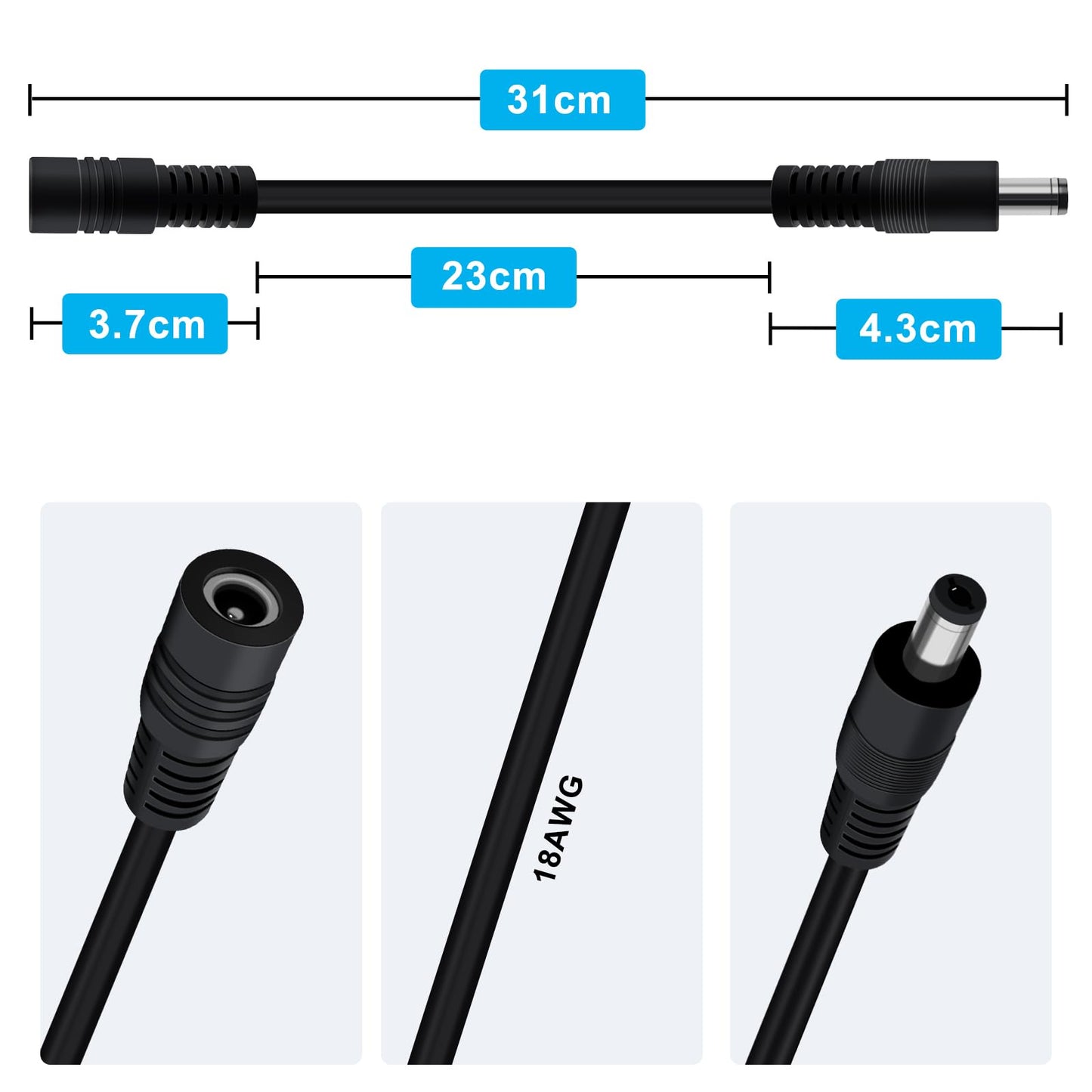 YINGAYOU DC Power Extension Cable 5.5mmx2.1mm 18AWG DC Cable Male to Female 5V 6V 9V 12V 24V 3A for Security Cameras, DVR, Router, Printer, LED Strip