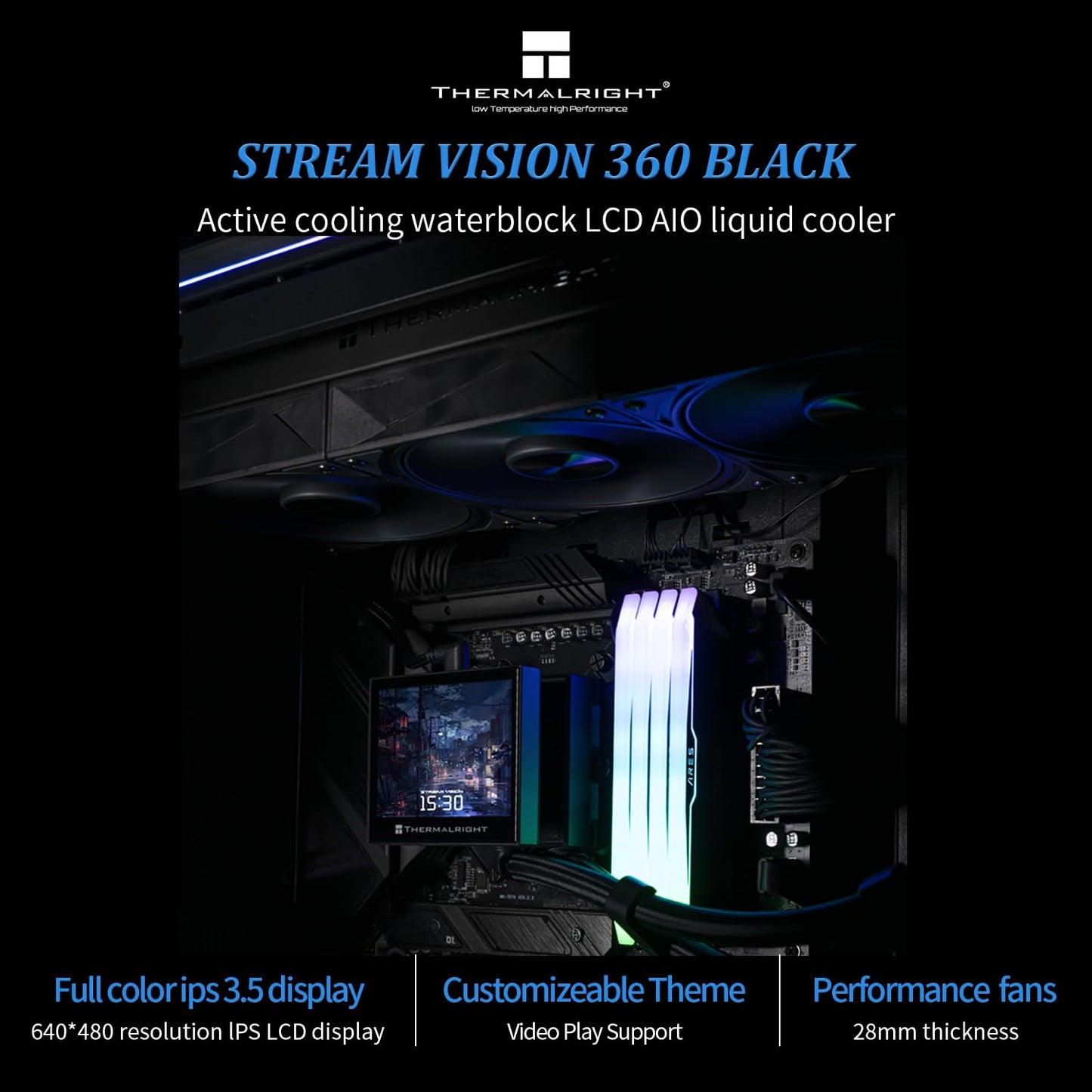 Thermalright Stream Vision 360 Black CPU Liquid Cooler, 3.5in Magnetic Embedded Fan LCD Screen, 640x480 Resolution,Freely Defined Display