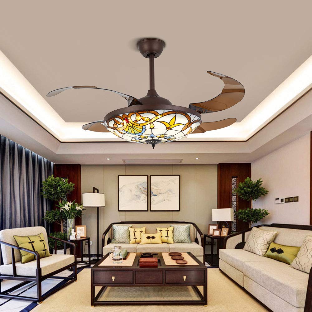 YIYIBYUS 42 Inch Tiffany Style Fan Chandelier Light with Controller,Led Crystal 3 Color Change Retractable Ceiling Fans Light Without Frequency