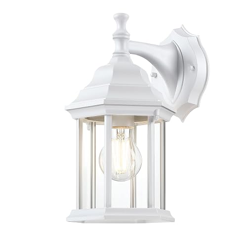 LIT-PaTH Outdoor Wall Lantern, Wall Sconce as Porch Lighting Fixture, E26 Medium Base Max 60W, Aluminum Housing Plus Glass, Matte White Finish, 1-Pack