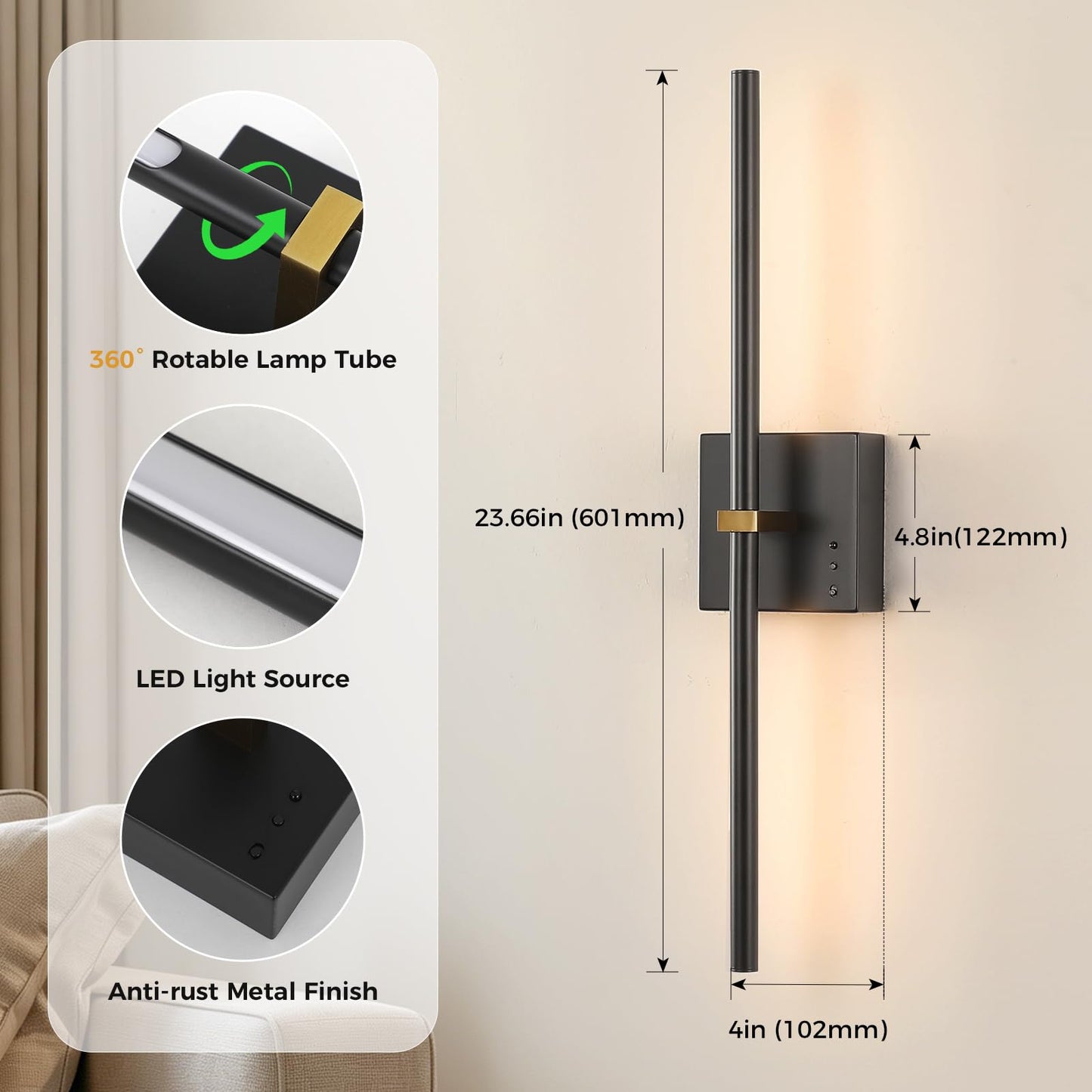 Joossnwell Battery Operated Wall Sconces Set of 2, Rechargeable Wall Light Wireless with Remote, Modern Wall Lamp 360° Rotate, Black 3CCT Sconce Wall