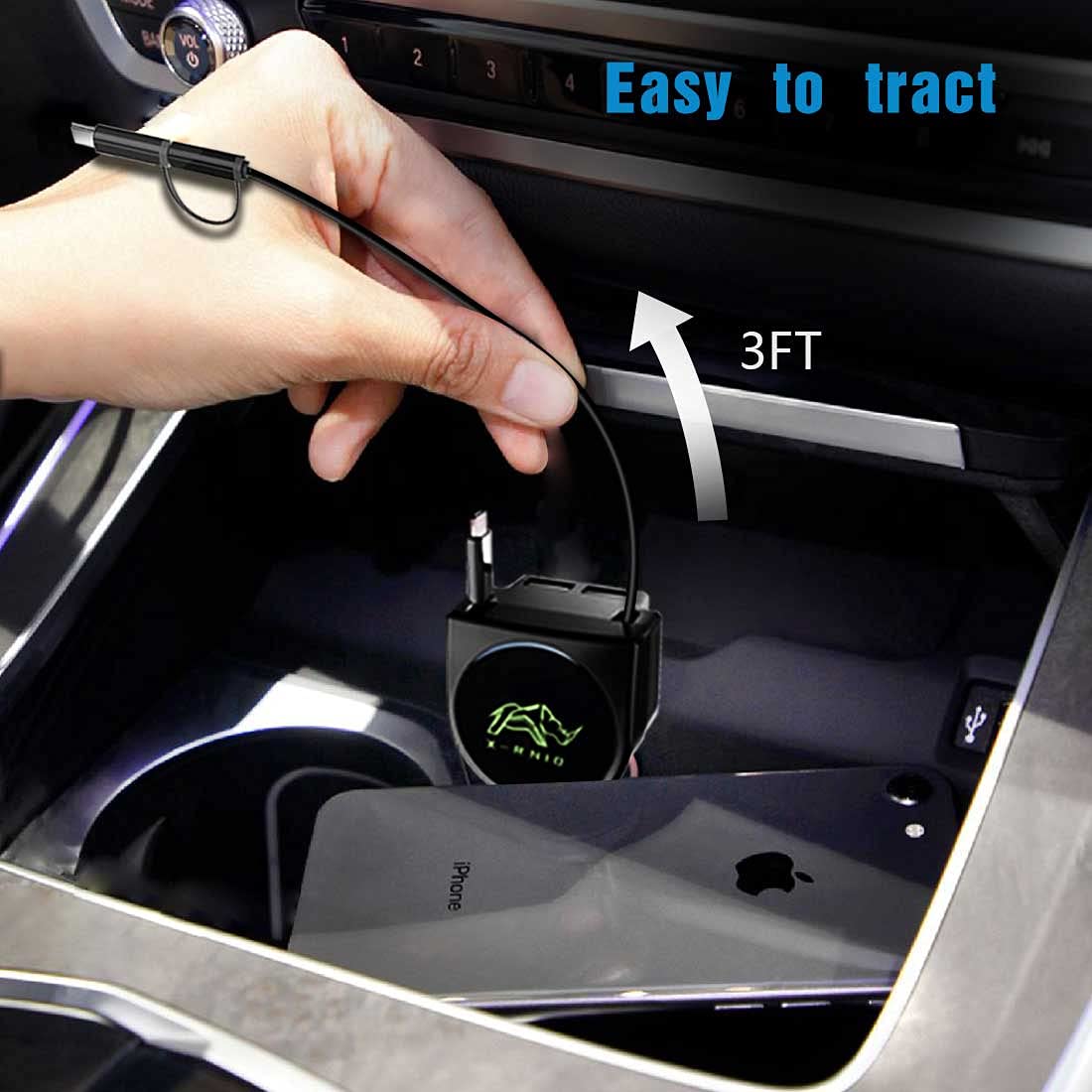 Dual Retractable Car Charger Compatible with iPhone Cell Phone, Fast Charge 2.4A 44W, Retractable Cables (3Ft) and 2 USB Ports Car Charger Adapter