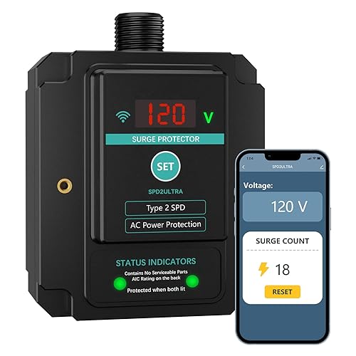 WiFi Whole House Surge Protector,108,000 Amps/Phase, 2820 Joules (Total), Thermally Protected Metal Oxide Varistors,Surge Times,Check Surge Times