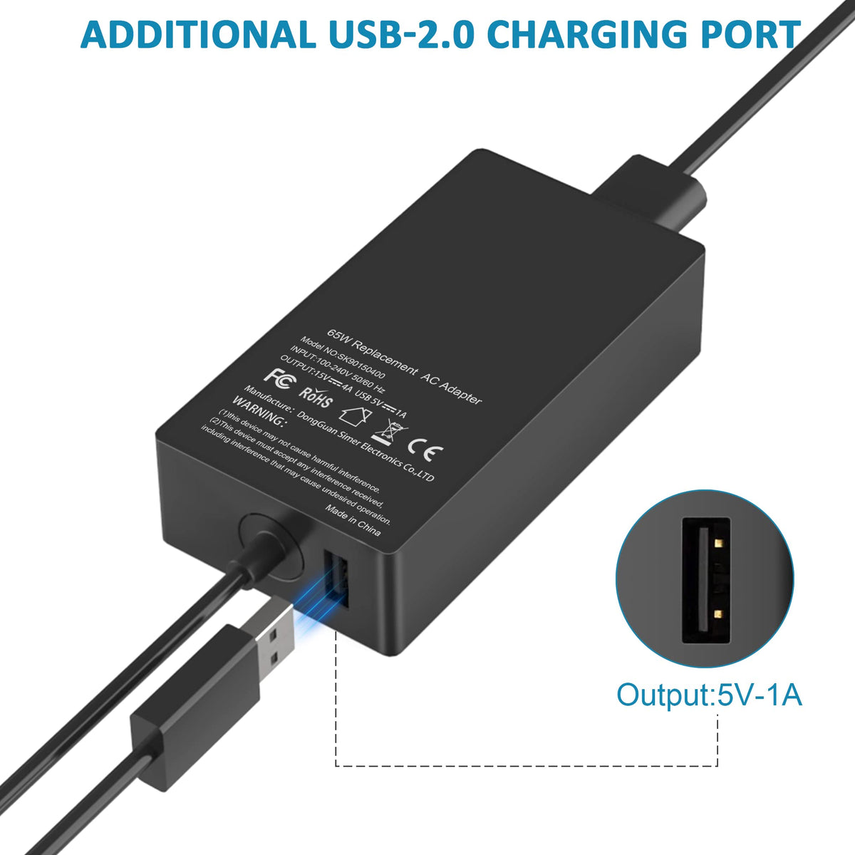 65W Charger Compatible with Microsoft Surface Pro 11, 10, 9, 8, 7+, 7, 6, 5, 4, 3, X, Surface Laptop 7/6/5/4/3/2/1, Surface Go 4/3/2/1, Surface Book
