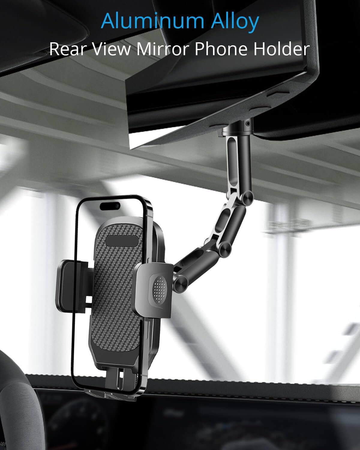 Quyee Phone Holder Car, Rear View Mirror Phone Holder - Aluminum Alloy Mount Multi-Angle Adjustment Rotatable and Retractable Compatible with All 4-7