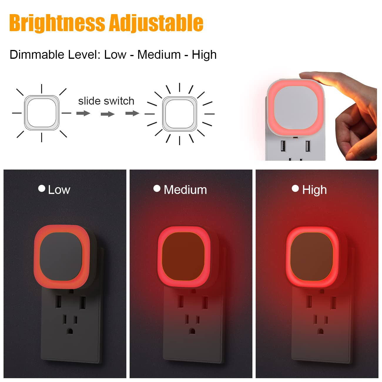 YUNLEX 2 Pack Red Night Light with Dusk to Dawn Sensor, Eye-Care Reflected Glow, 0% Blue Light True Red LED, 3-Level Brightness, Auto On/Off, Plug-in