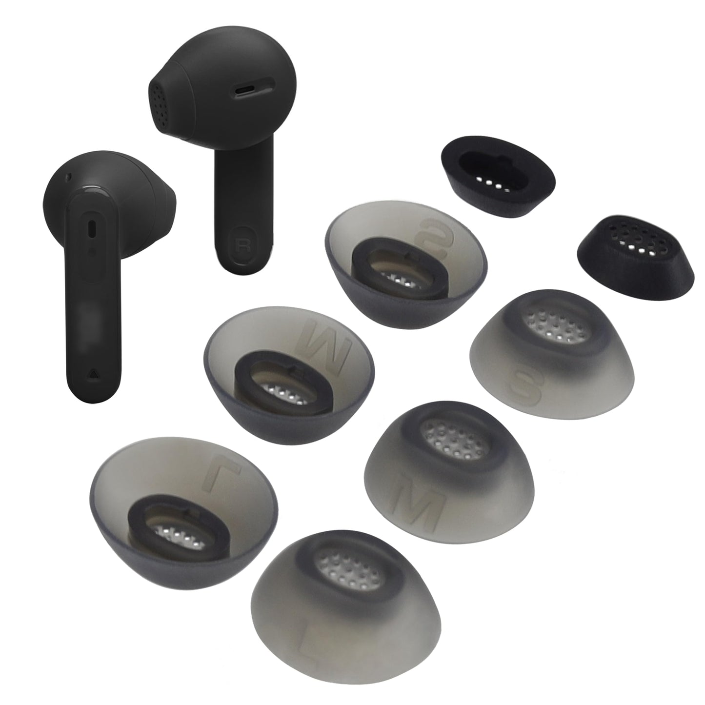 XMTYAN Replacement Ear Tips Compatible with JBL Tune Flex 2, Soft Silicone Eartips with Portable Storage Box (4, Black, XS/S/M/L)