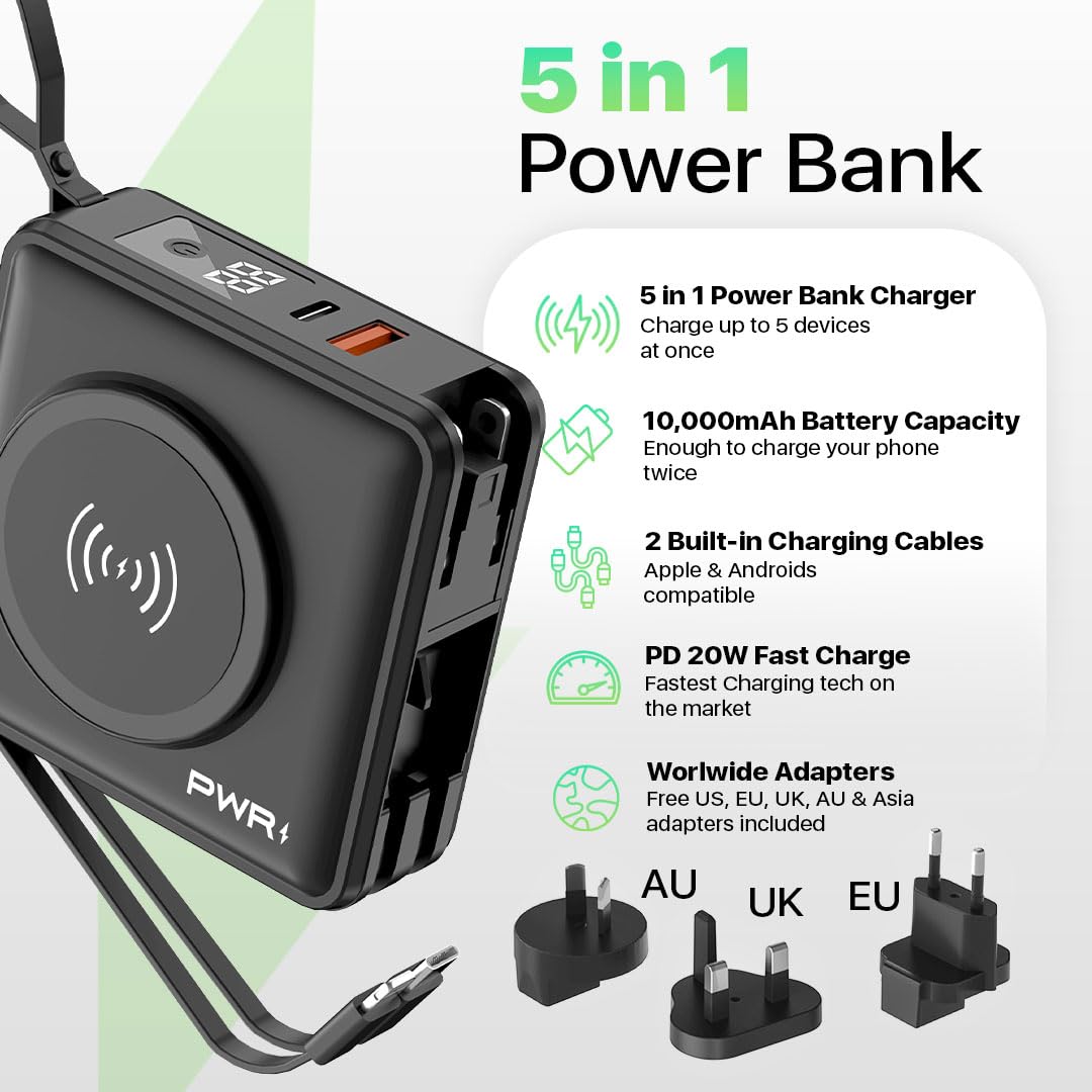 PWRMobile PWR Travel PRO 5-in-1 Power Bank with Case Included - 10,000mAh with Built-in Cables - 20W USB-C + 15W Wireless Charging - Compact Portable