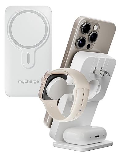 myCharge EcoHub 3-in-1 Magnetic Wireless Charger & Battery Pack for iPhone, iWatch, AirPods - 6,000mAh Battery | Built-in Wall Plug | 15W Magsafe