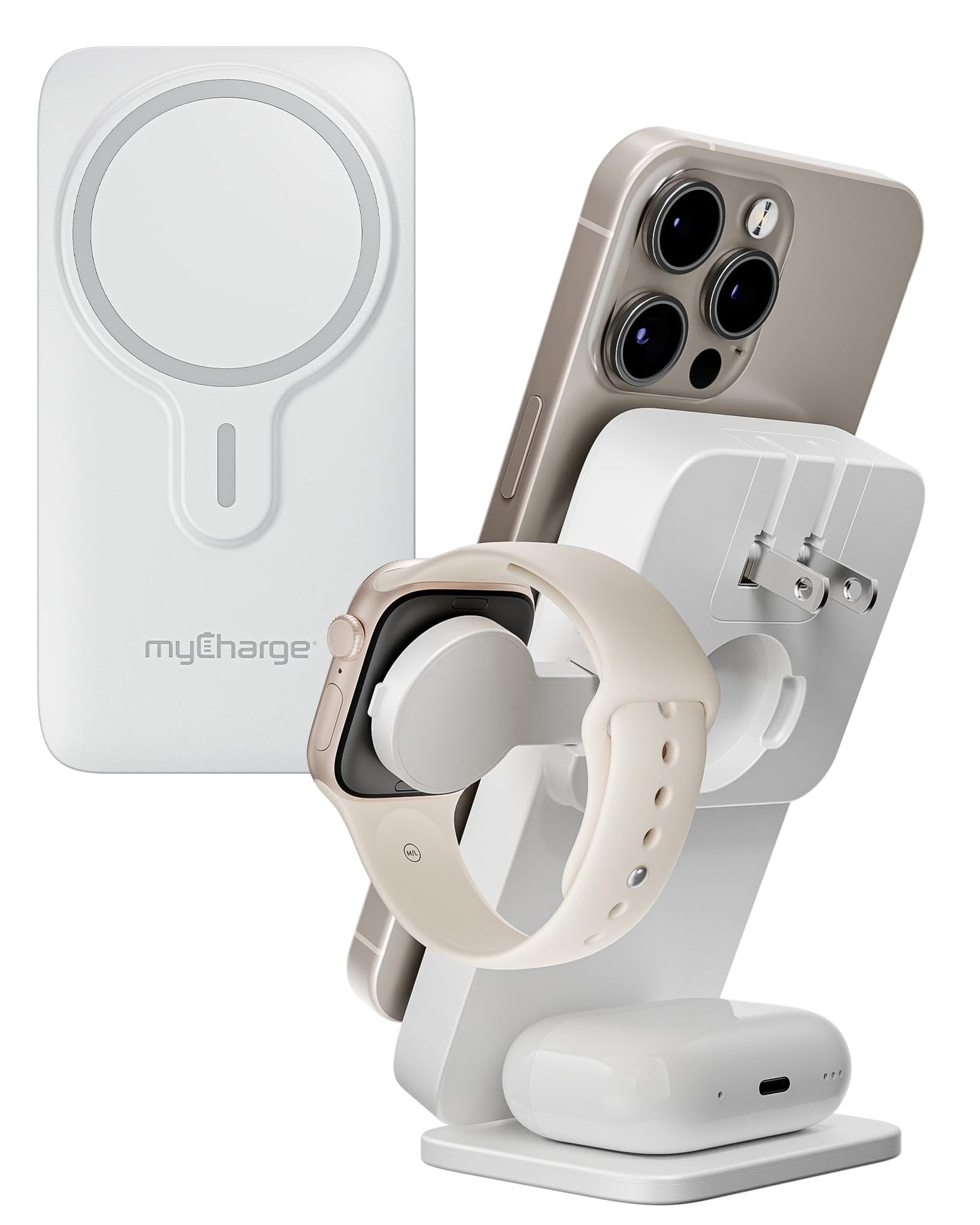 myCharge EcoHub 3-in-1 Magnetic Wireless Charger & Battery Pack for iPhone, iWatch, AirPods - 6,000mAh Battery | Built-in Wall Plug | 15W Magsafe