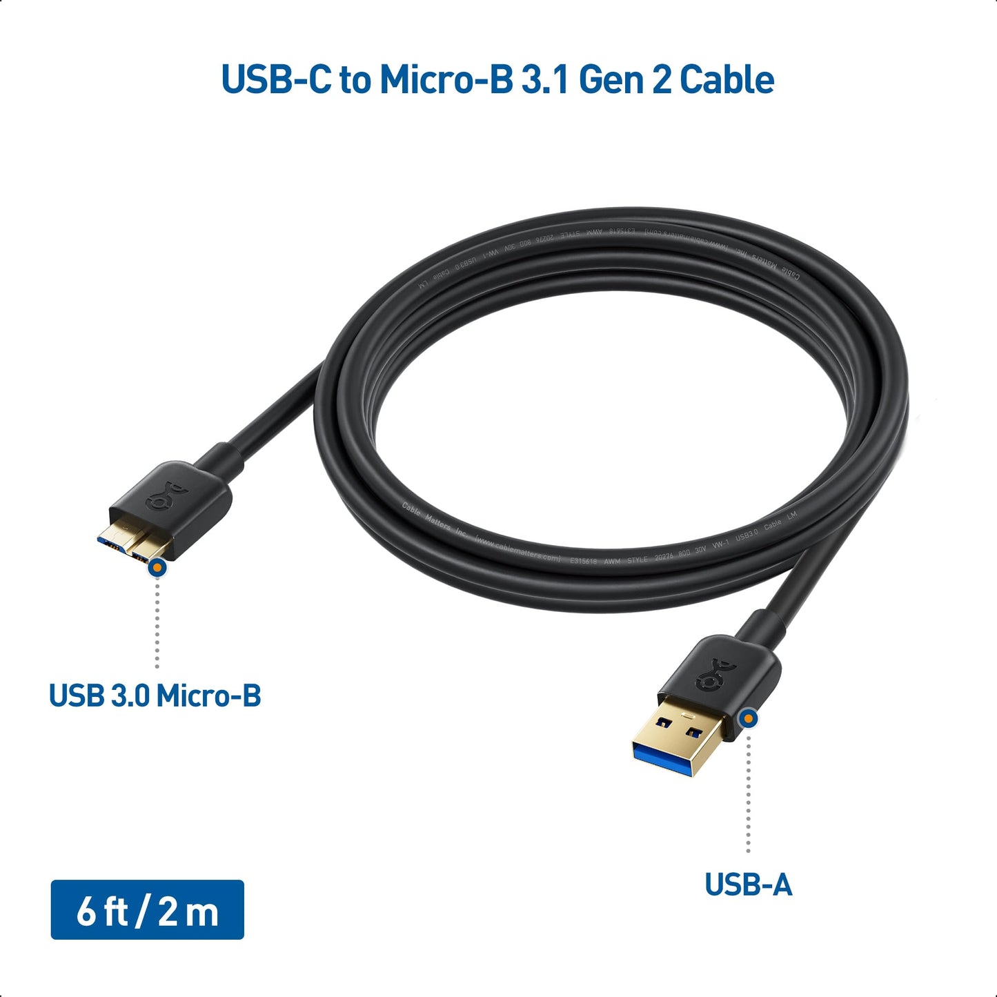 Cable Matters 2-Pack, Micro USB 3.0 Cable - 6ft, External Hard Drive Cable, USBA to USB Micro B Cord, Compatible with Seagate, LaCie, Toshiba