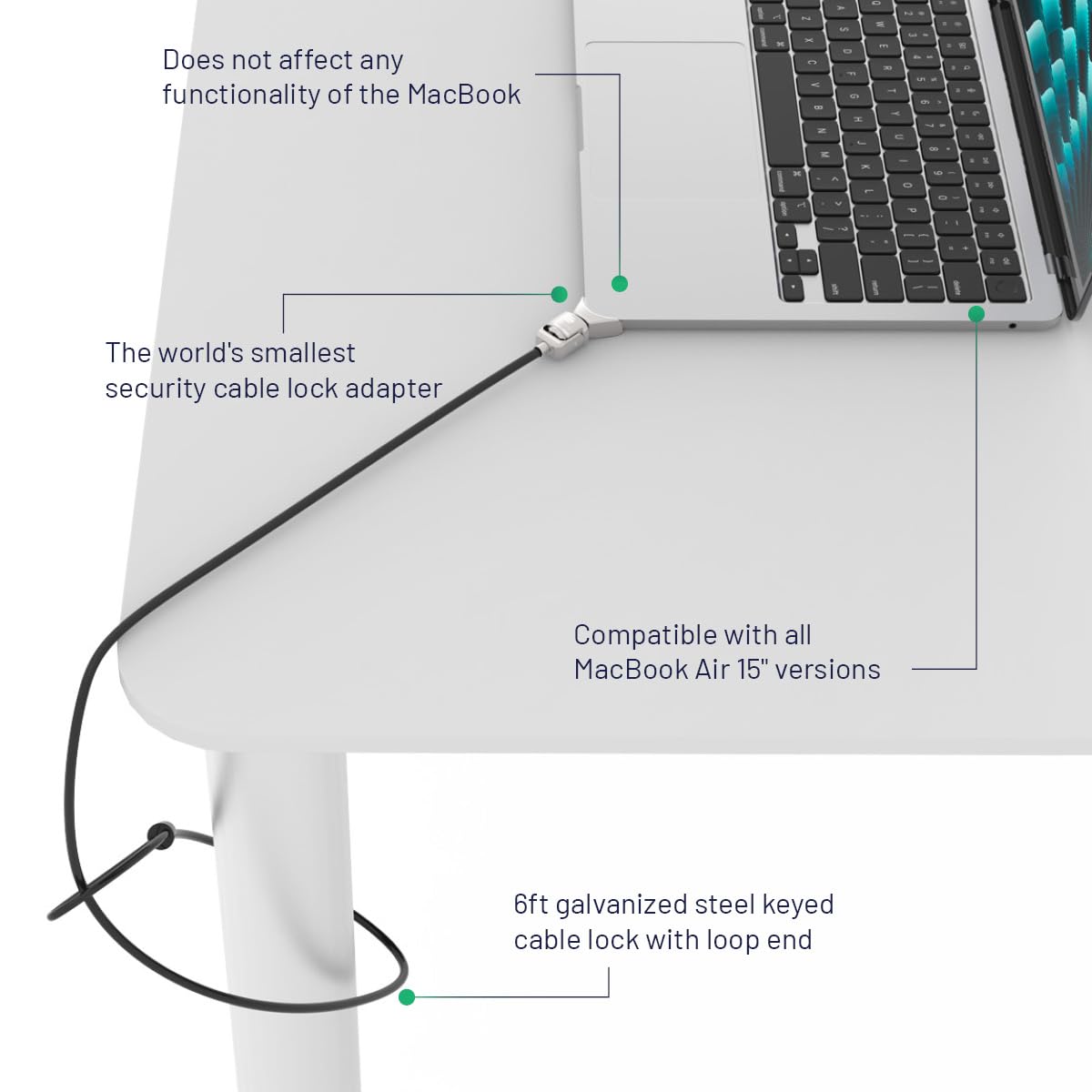 Compulocks Ledge Lock Adapter for MacBook Air 15" M2-M4 - Keyed Cable Lock in Silver & Black, Secure Laptop Theft Protection Design, Anti-Theft