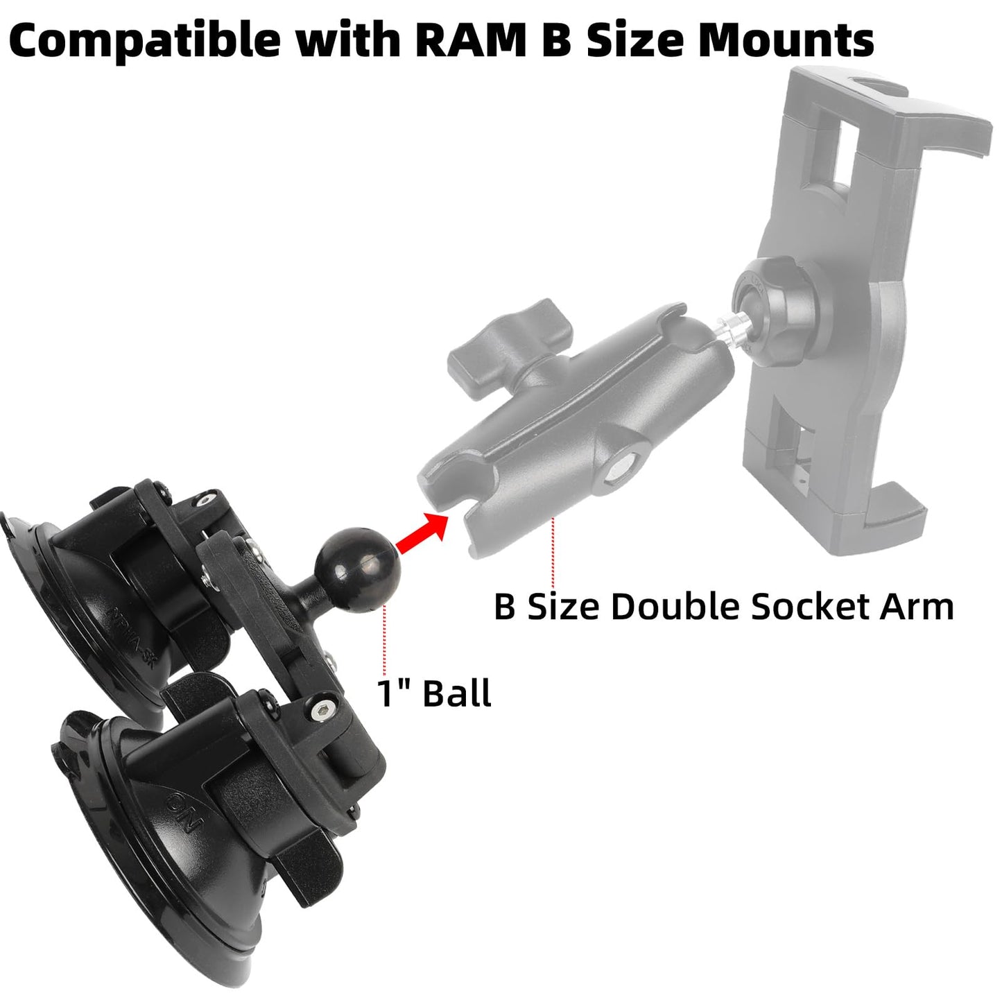 FPN Dual Suction Cup Mount Base with 1-Inch Ball, Compatible with RAM Mounts B Size Double Socket Arms & 25mm Ball Systems