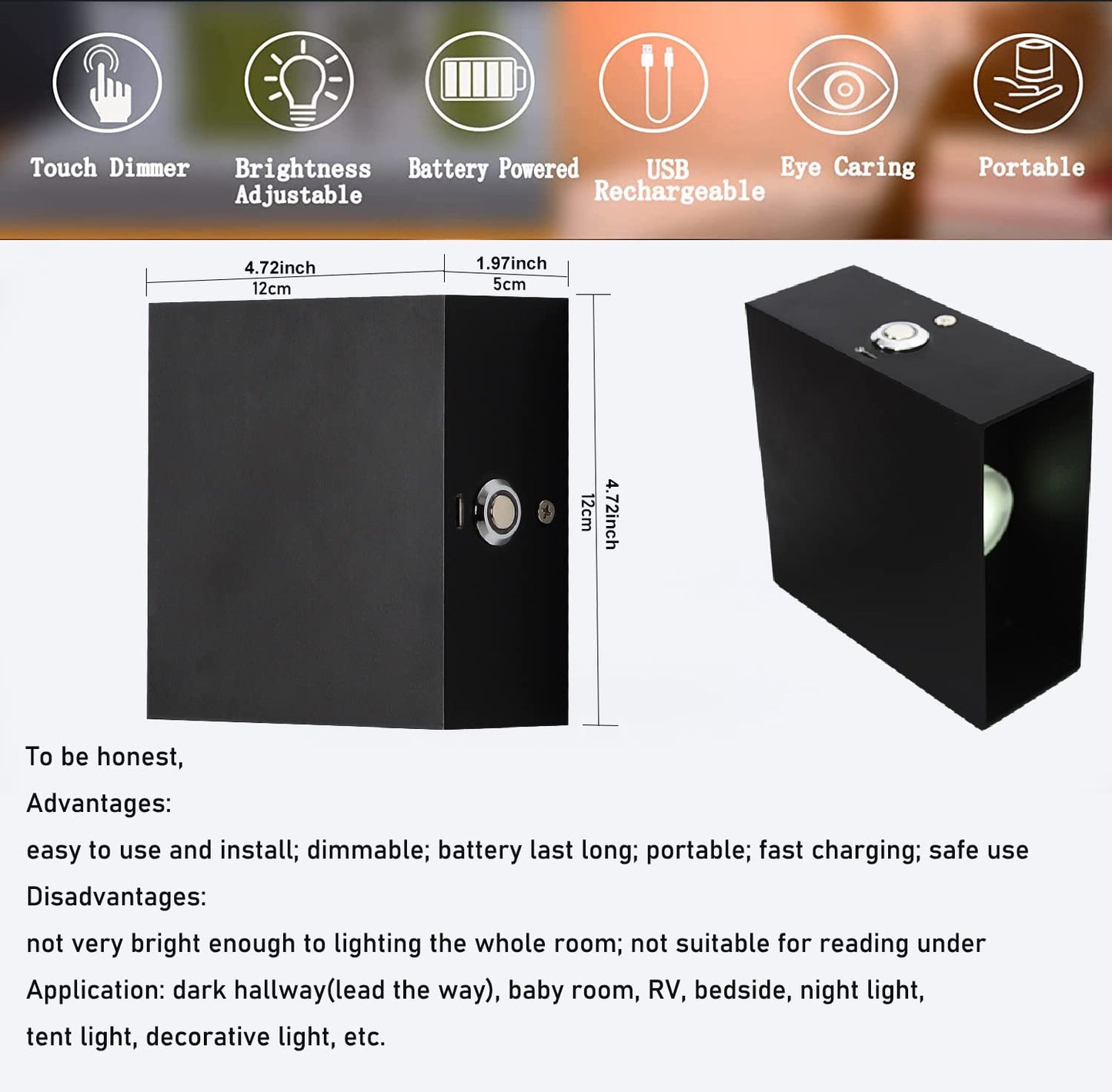 ZYI Indoor LED Wall Lamp with Touch Switch, Cordless Lamp Rechargeable USB Wall Sconce Lights Battery Powered Bedside Lamps for Bedroom Children's