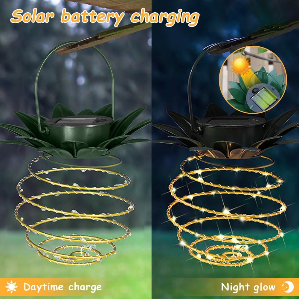 JHPGEOE 2 Pack Outdoor Solar Hanging Lantern Lights - 60LED Waterproof Solar Pineapple Light Outdoor for Garden,Yard Porch Lawn Backyard Landscape
