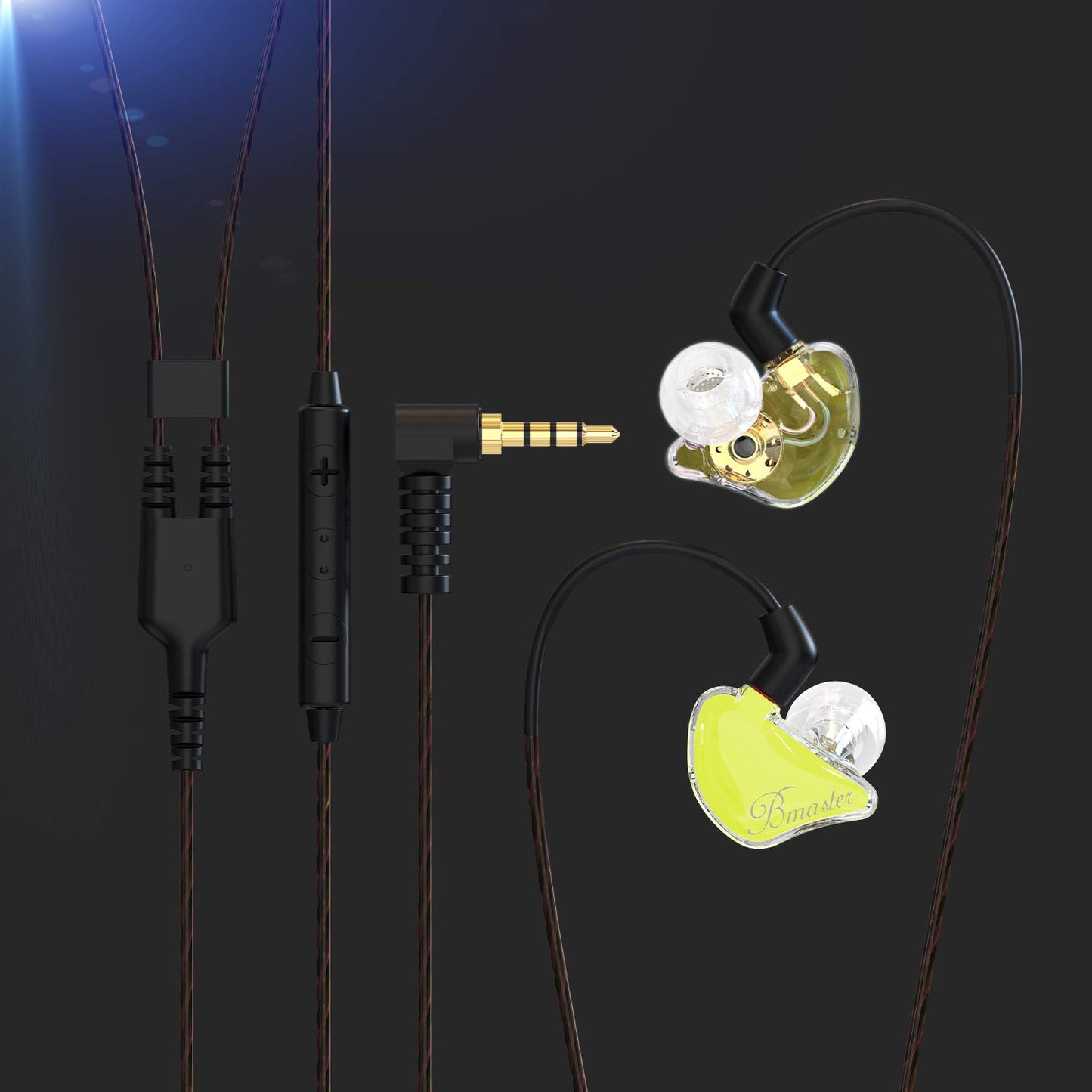 BASN Bmaster Noise Isolating in Ear Monitor Earphones, 1BA+2DD Hybrid Balanced Armature Driver IEM Headphones with Two Detachable MMCX Cables (Yellow)