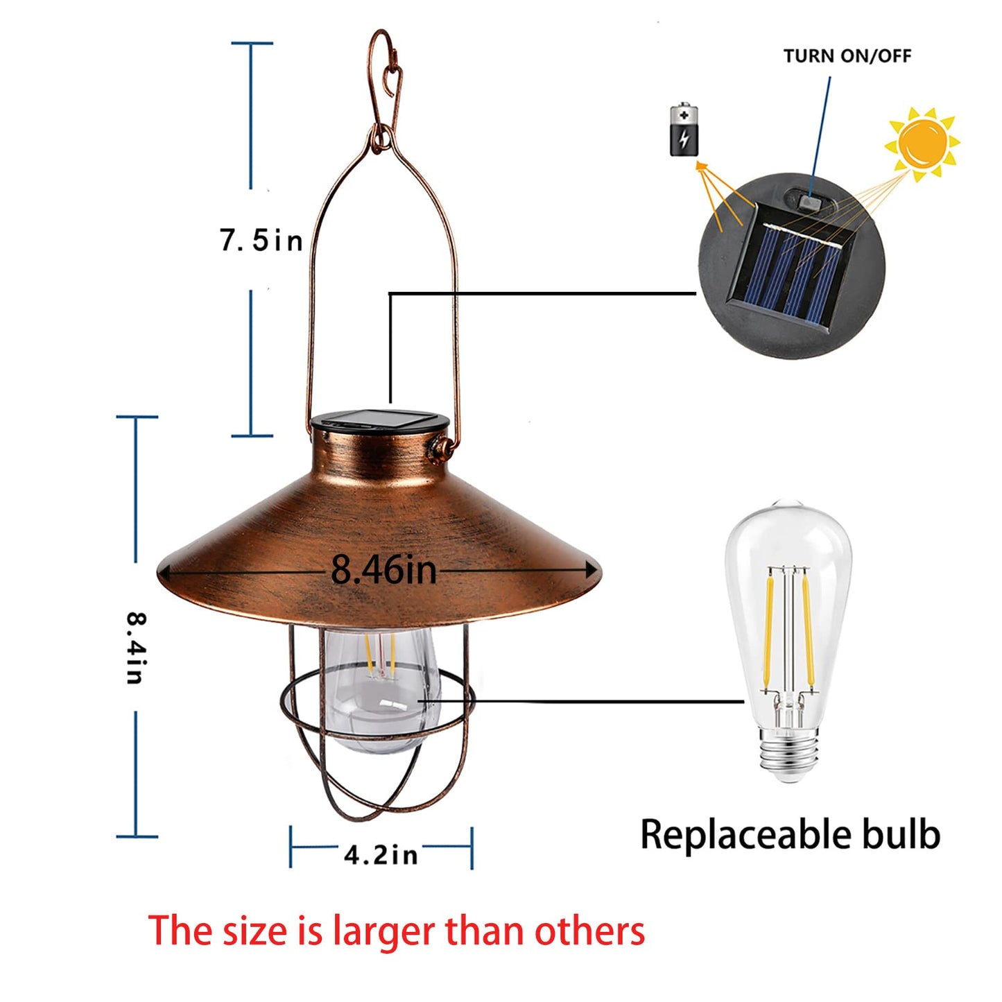 pearlstar Solar Lantern Outdoor Hanging Light Metal Farmhouse Solar Lamp with Warm White Edison Bulb Design for Garden Yard Patio Porch Decor (Brushed
