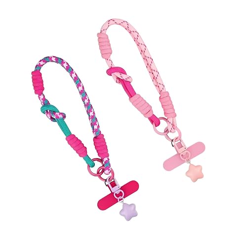 Wouputy 2 Pieces Adorable Pink and Rose Red Star Pendant Braided Phone Wrist Strap, Sweet Phone Strap Charm Wristlet For Cellphone Case Purse Bag