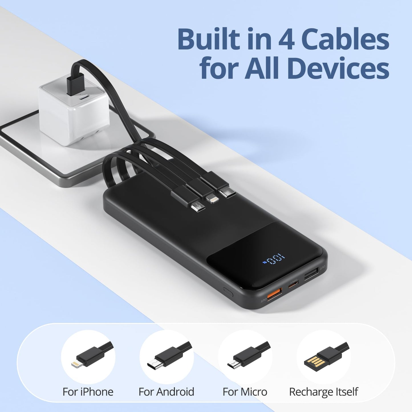 ZUOGGPET Portable Charger with Built in Cables, Power Bank with Cords Wires, Slim 10000mAh Travel Battery Pack 6 Outputs 3 Inputs 3A Fast Charging