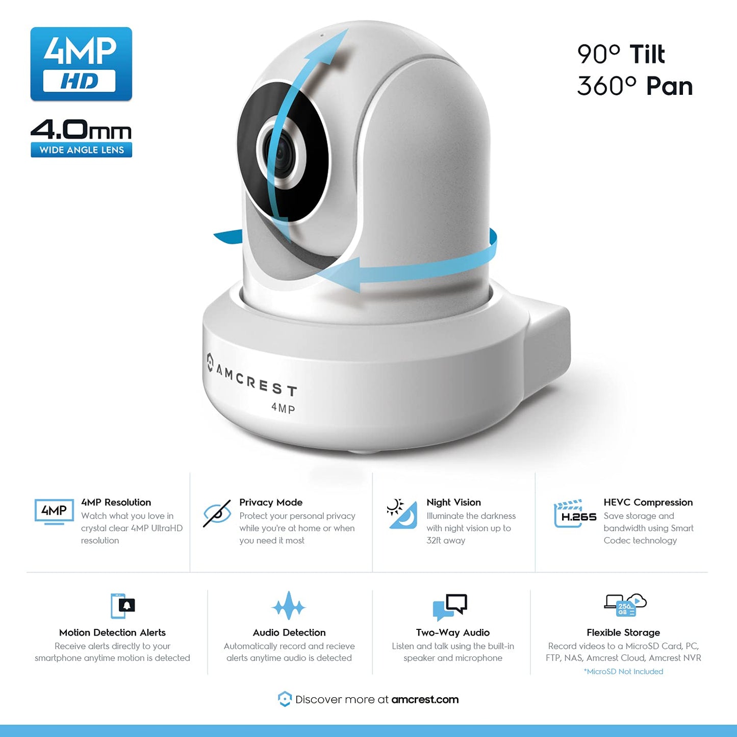 Amcrest 4MP UltraHD Indoor WiFi Camera, Security IP Camera with Pan/Tilt, Two-Way Audio, Night Vision, Remote Viewing, 2.4ghz, 4-Megapixel @30FPS