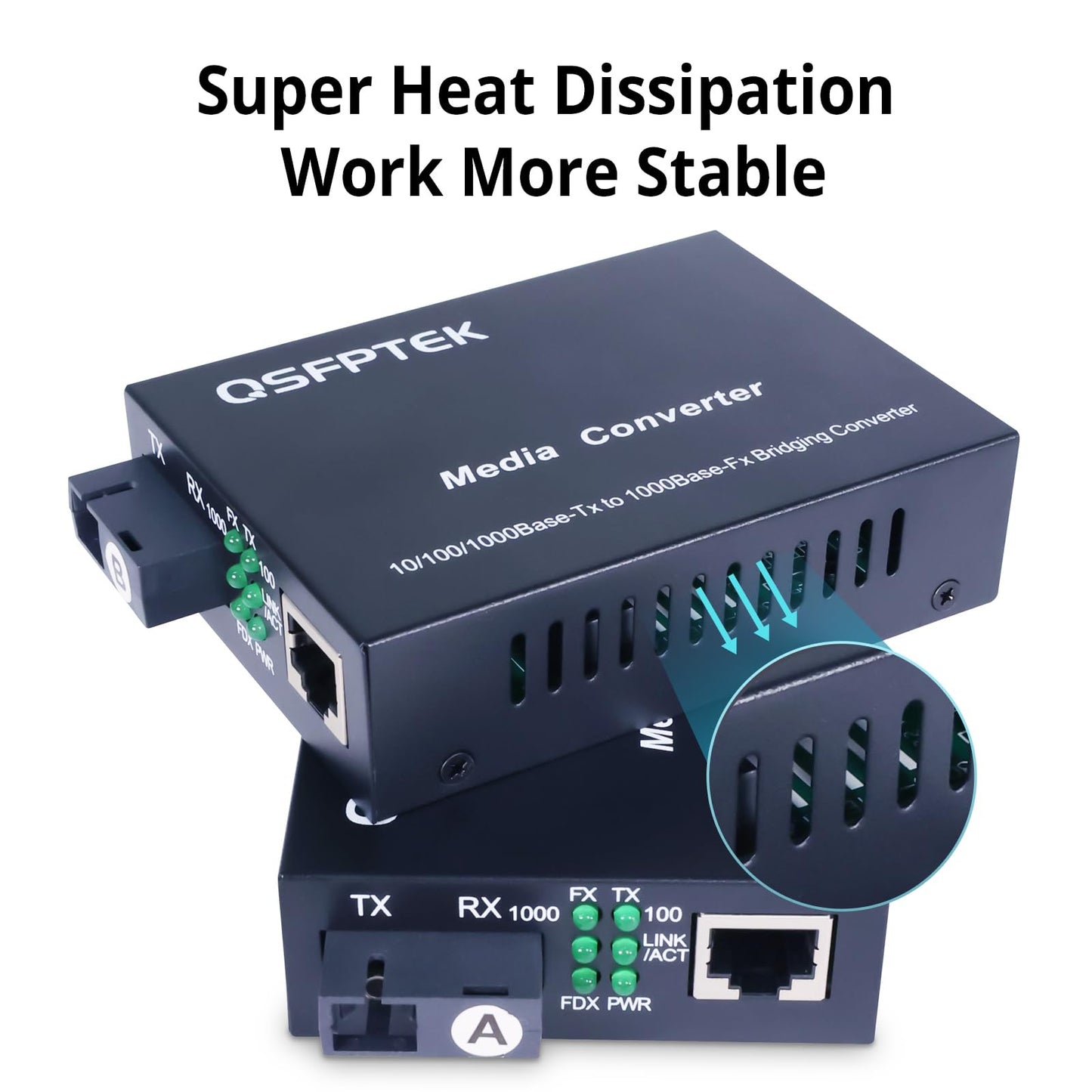 QSFPTEK A Pair 1.25G/s Bidi Fiber Media Converter, Gigabit Media Converter, 10/100/1000Base-Tx to 1000Base-FX Fiber Ethernet Coverter, Singlemode SC
