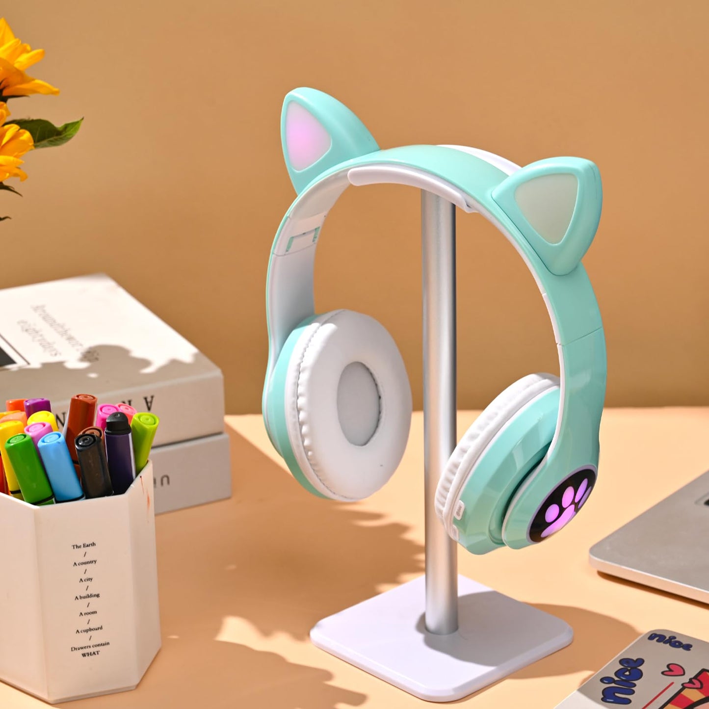 KERHAND Cat Ear Bluetooth Kids Headphones, LED Lights, Foldable, Green
