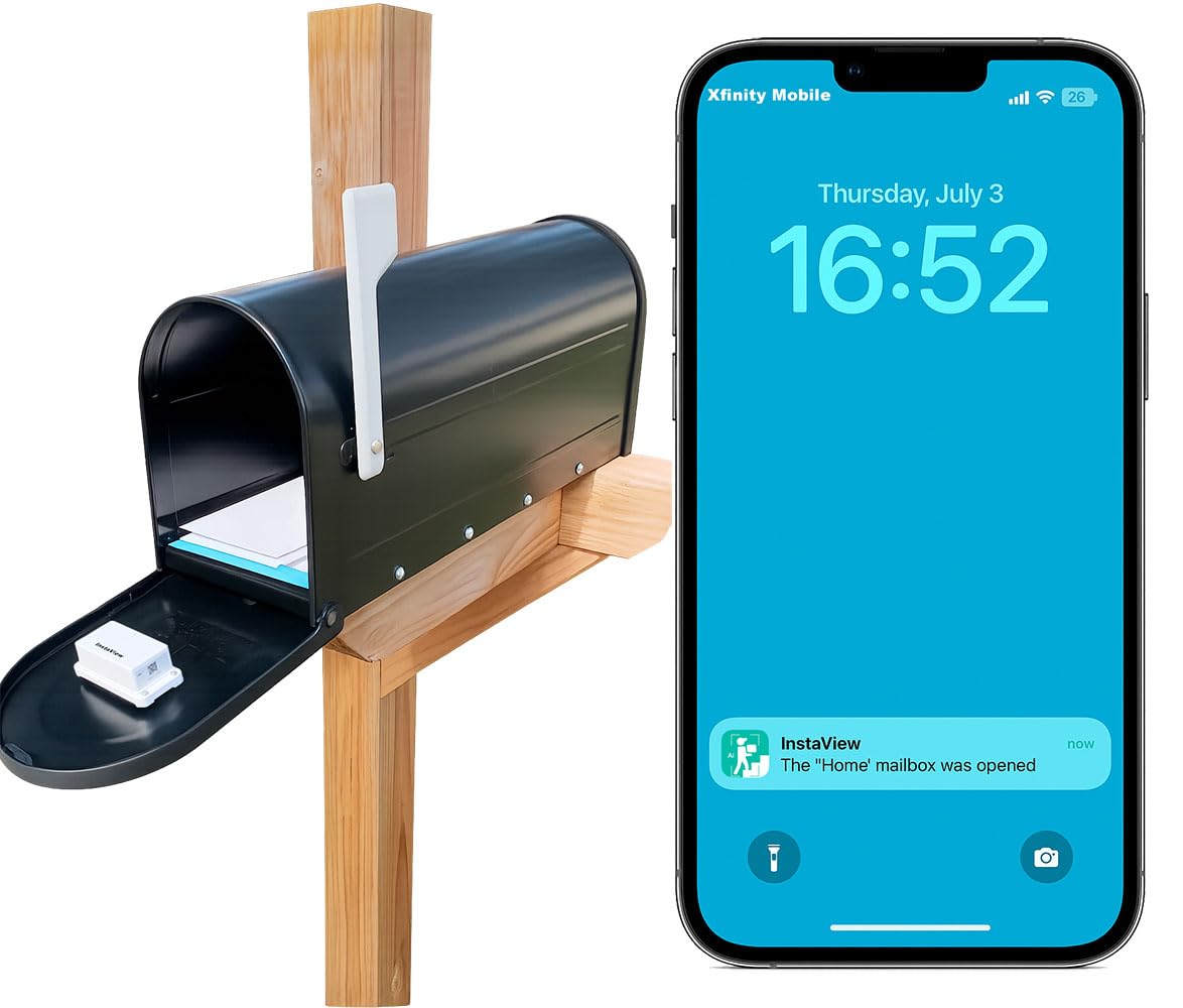 InstaView Wireless Mailbox Alert System with Sensors and Receiver, Mailbox Alarm for Delivered Mail, Mail Chime with Phone App Notification, 1K ft