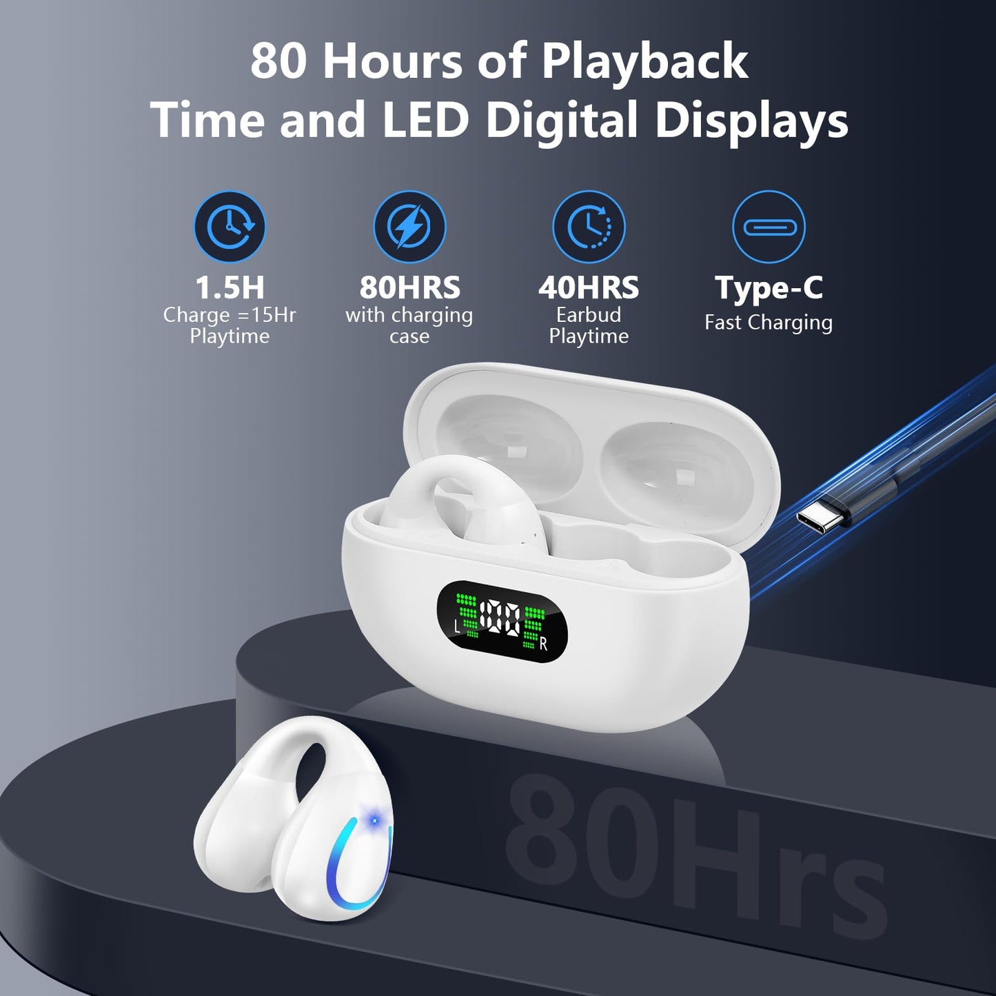 Open Ear Bone Conduction Headphones Bluetooth 5.3 Wireless Open Clip Ear Earbuds Built-in Mic with Ear Hooks 60 Hours Playtime Sport Earphones IPX7