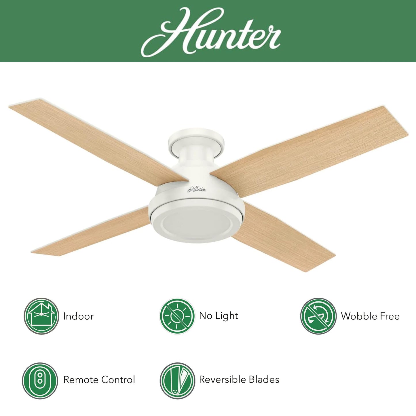 Hunter Fan 52 inch Contemporary Low Profile No Light Fresh White Ceiling Fan with Remote Control (Renewed)