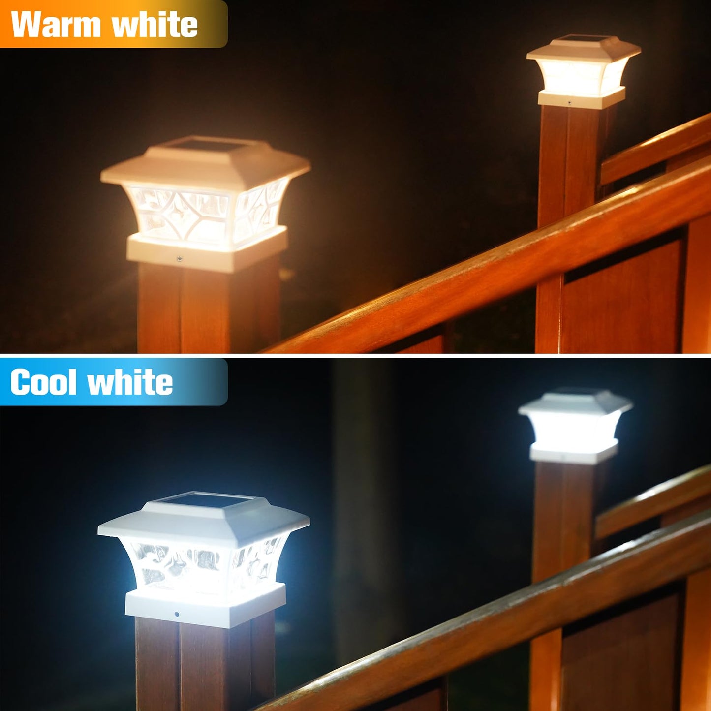VOLISUN Solar Post Cap Lights Outdoor, Solar Powered Fence Cap Lights for 4x4 Vinyl/Wood, White Waterproof Solar Deck Post Light 4Pack Cool/Warm