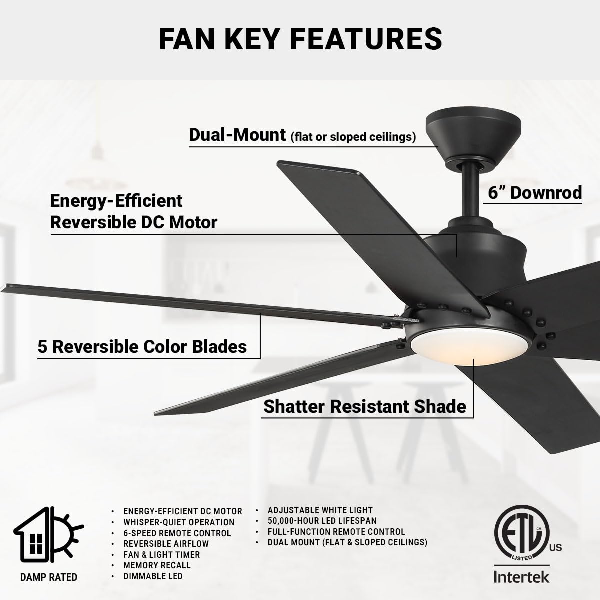Wynwood Markus 56" Indoor Ceiling Fans with Lights, Matte Black Modern Ceiling Fan, 6-Blade DC Motor, 6-Speed Remote Control, Dimmable LED with 6