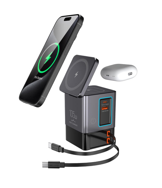 Electmagic 105W Charging Station-MagSafe Compatible,6-in-1 Charging Dock,Gan Retractable Charger with Dual 65W Cables,USB-C Fast Charging for iPhone