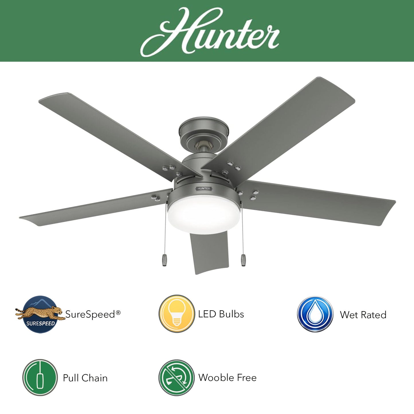 Hunter Fan 52 Inch Casual Matte Silver Finish Outdoor Ceiling Fan With LED Light Kit and Pull Chain (Renewed)