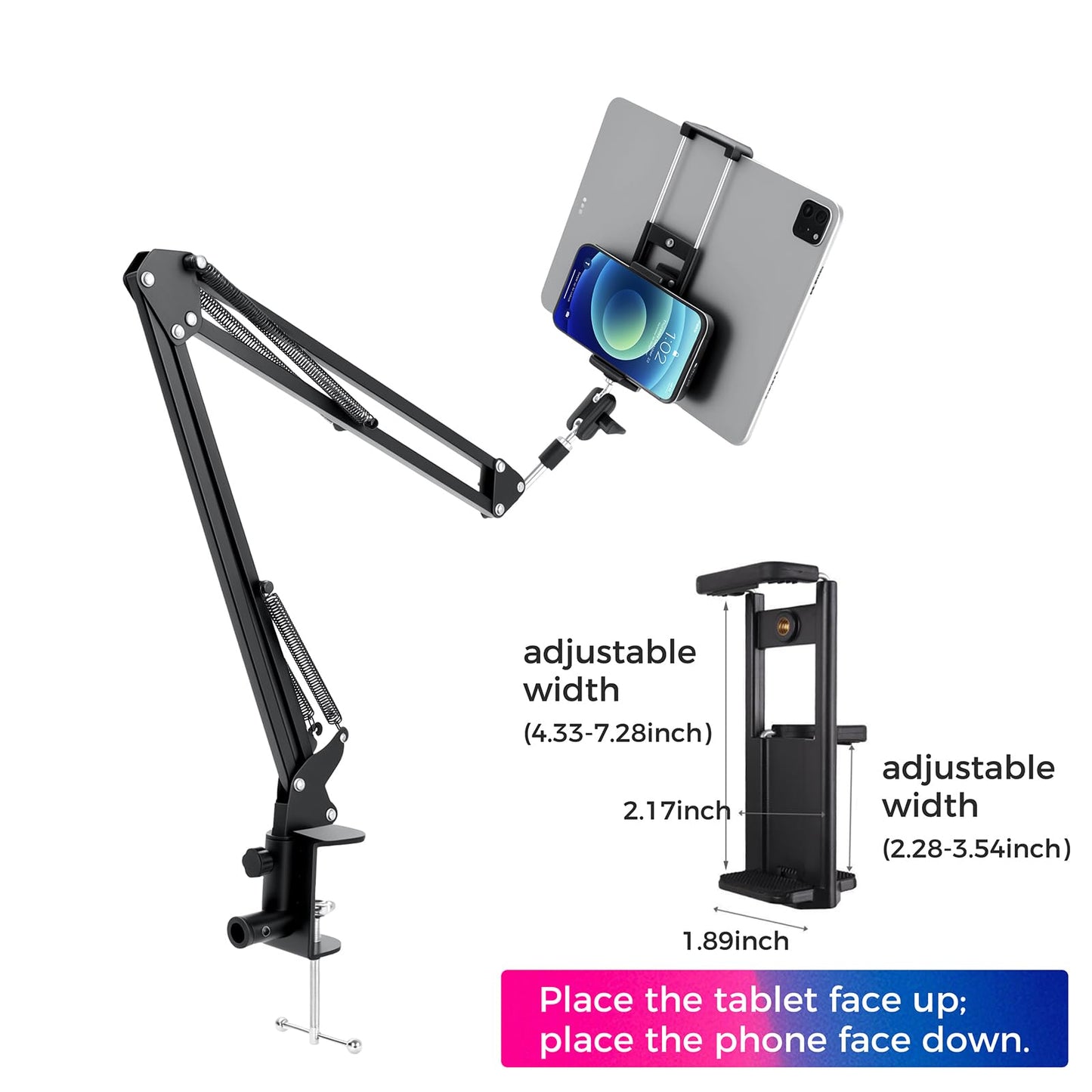 ellrkr 30" Magic Arm Holder w Clamp - Overhead Phone Mount for Desk, Smooth 360° 1/4" & 5/8" Thread Webcam Stand for Phone, Tablet, Webcam, Mic