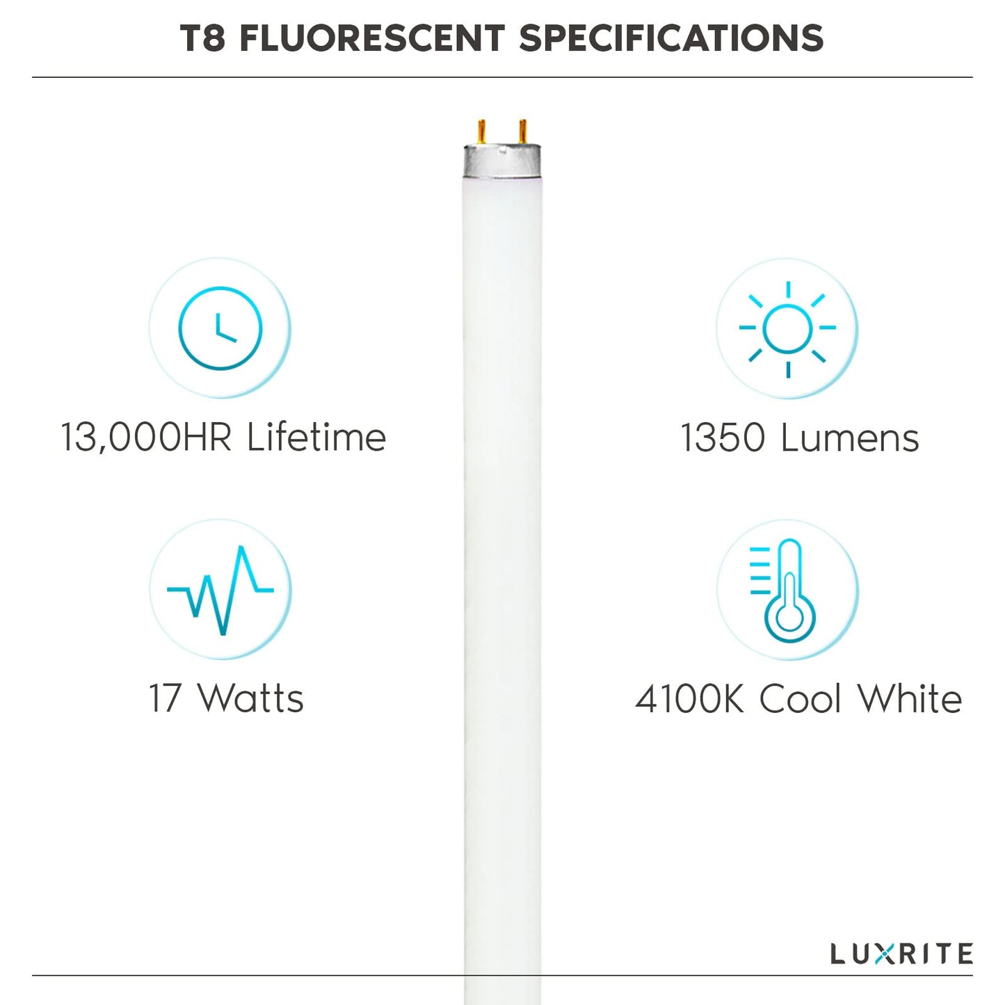 LUXRITE F17T8/841 17W 24 Inch T8 Fluorescent Tube Light Bulb, 4100K Cool White, 1350 Lumens, G13 Medium Bi-Pin Base, LR20752, 4-Pack
